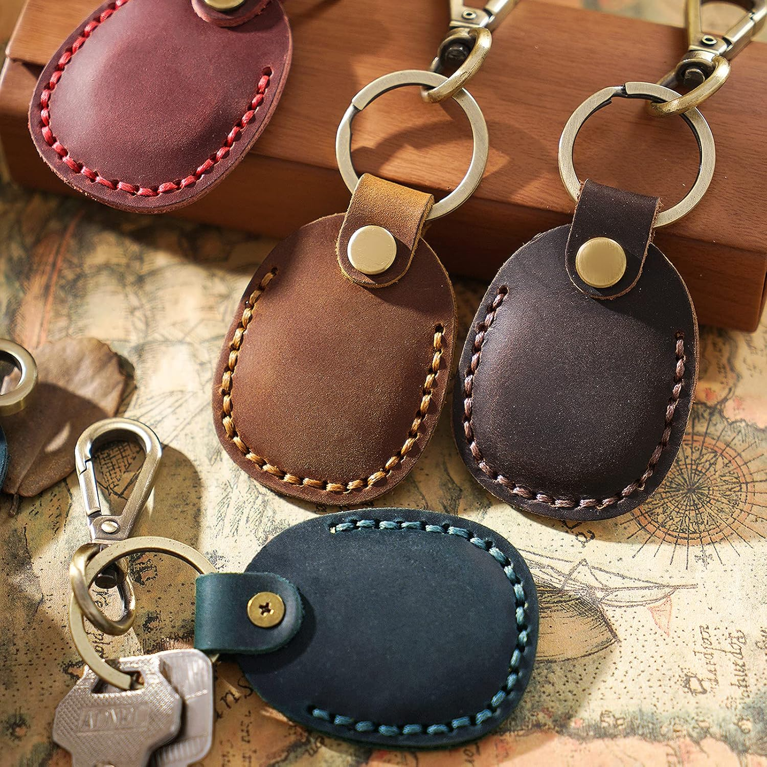 Leather Airtag Holder with Keychain, Portable Handmade Genuine Leather Air Tag Holder with Keyring Full Coverage image number 1