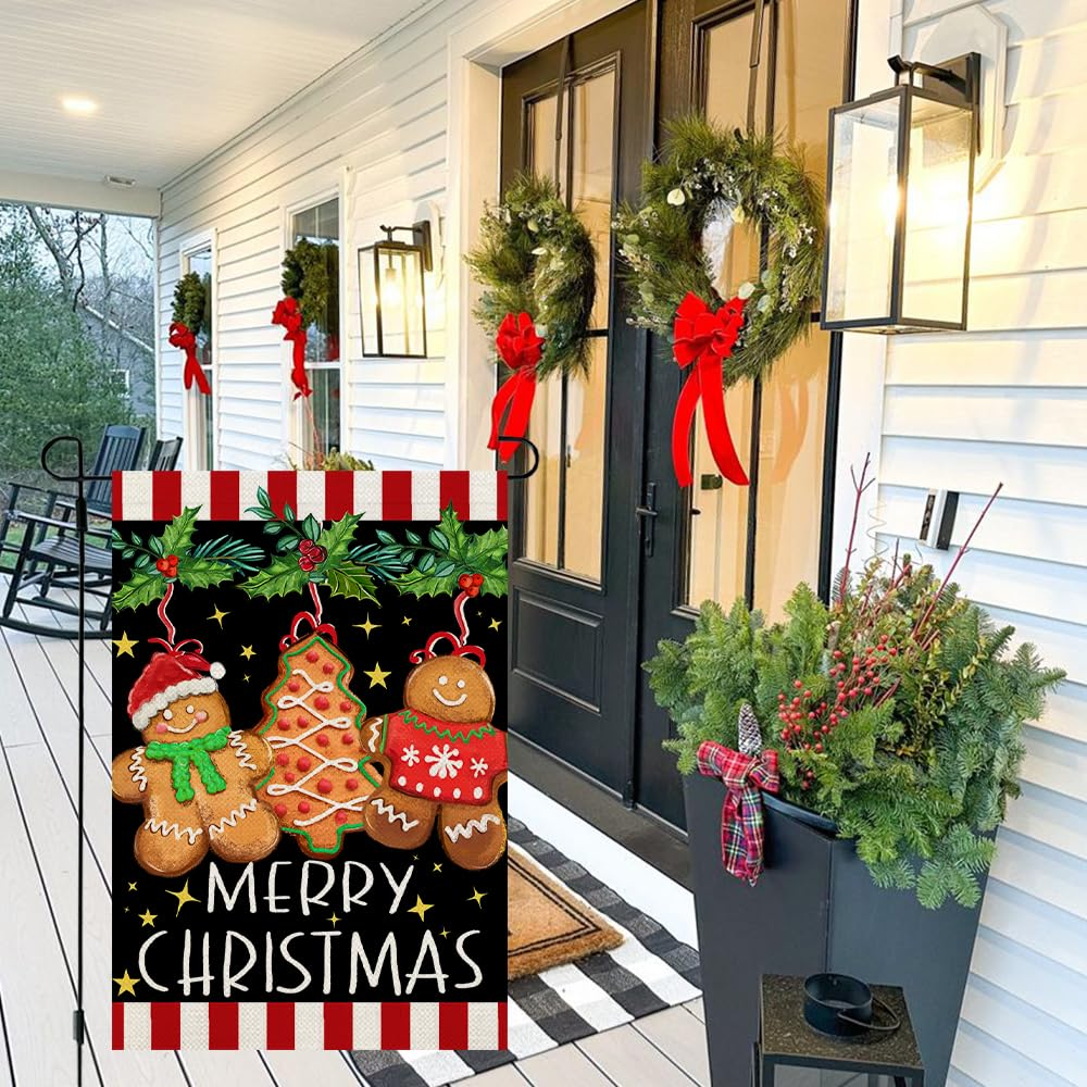 CROWNED BEAUTY Merry Christmas Garden Flag 12X18 Inch Double Sided Small Burlap Holiday Gingerbread Man Flag for outside Yard CF1642-12 image number 5