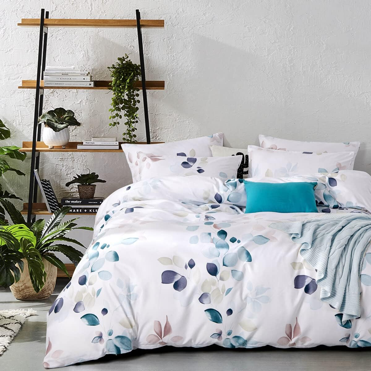 Elia Leaf Turquoise Aqua Quilt Cover Set, 3Pcs Double Botanical Leaf Doona Cover Set (Double Size) image number 1