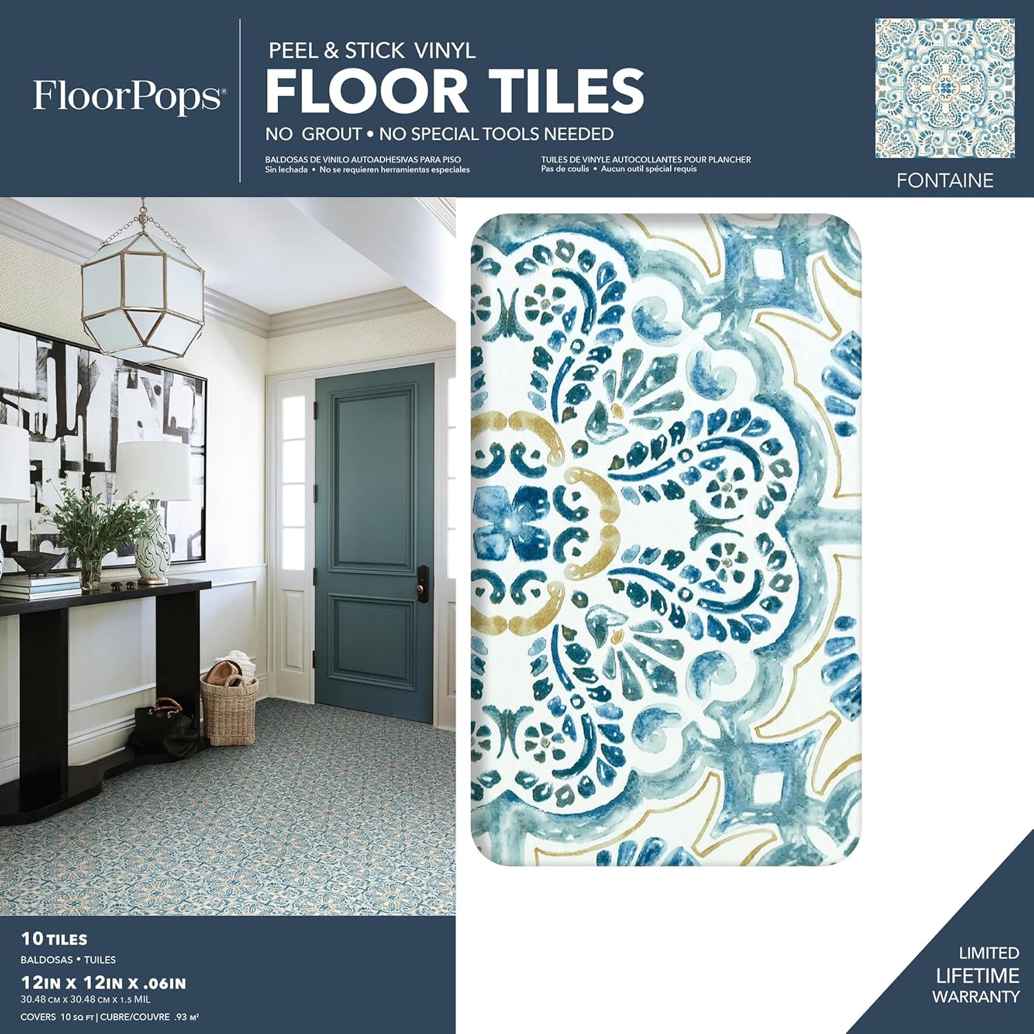 Floorpops FP2477 Fontaine Peel & Stick Floor Tiles, Blue image number 5