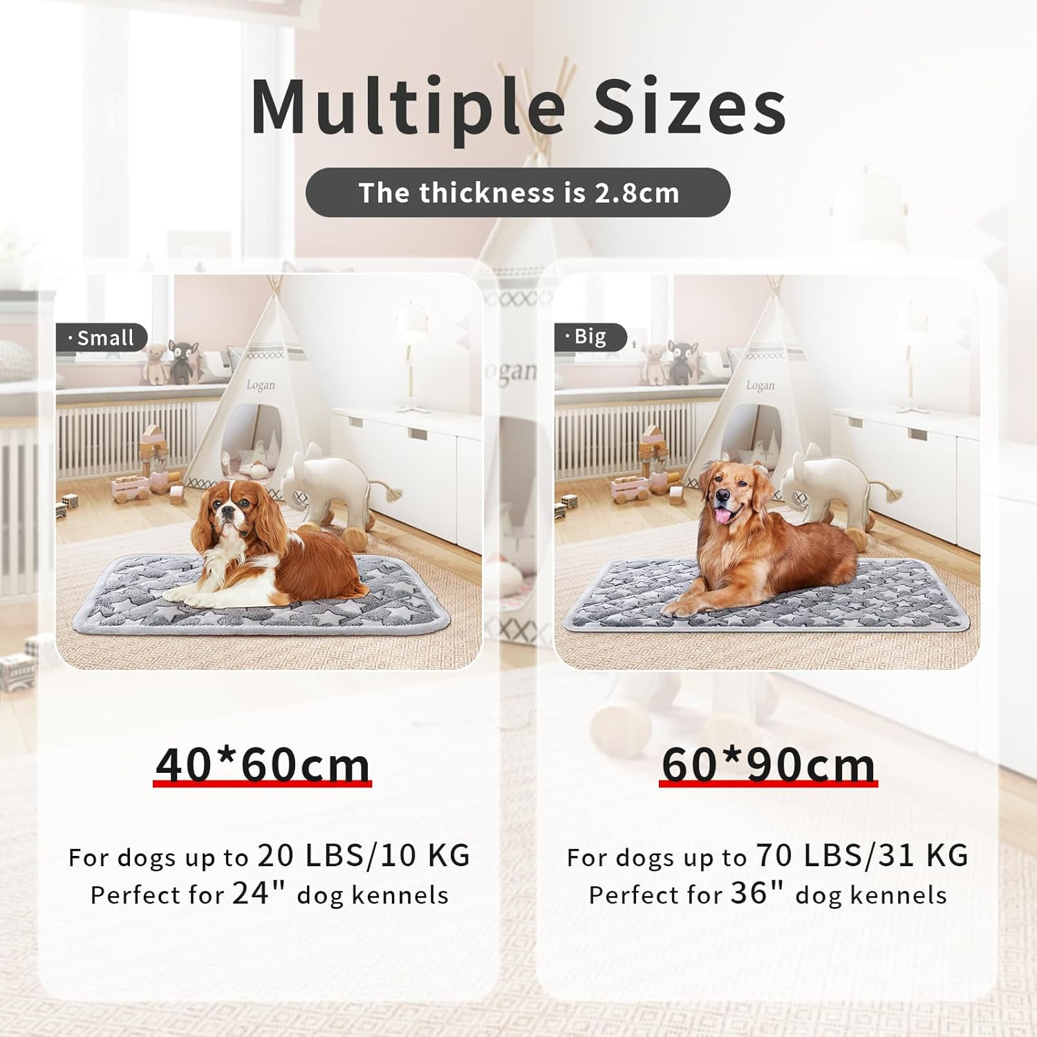 Moonxhome Soft Reversible Dog Bed Mat, Cat Mat - 60X90Cm, Short Plush Pet Mat, 2.5Cm Thick Thin Dog Mat, Dog Crate Pad for Medium Dogs, Machine Washable Ideal for 90Cm Dog Crates