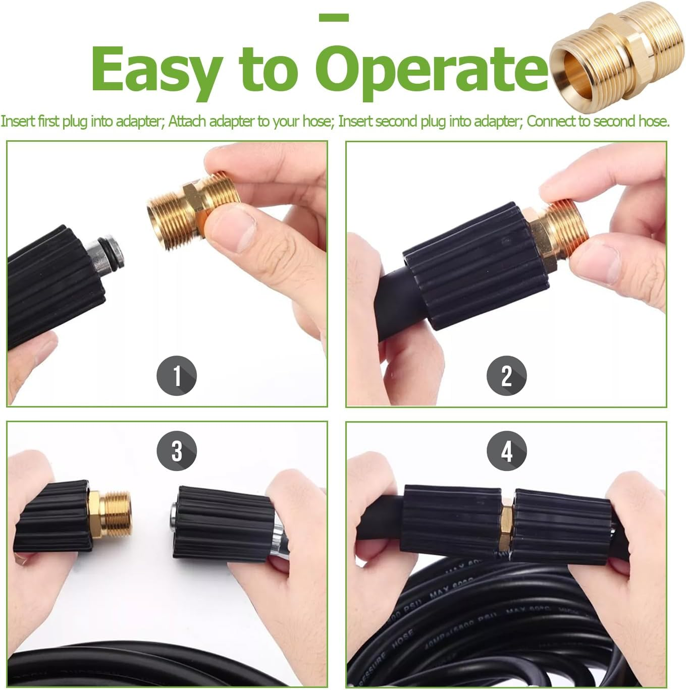 4 Pcs M22-14Mm Pressure Washer Hose Connector, Quick Connect Hose Extension Coupler, 5000 PSI Heavy Duty Brass High-Pressure Washer Hose Adapter Fitting image number 3