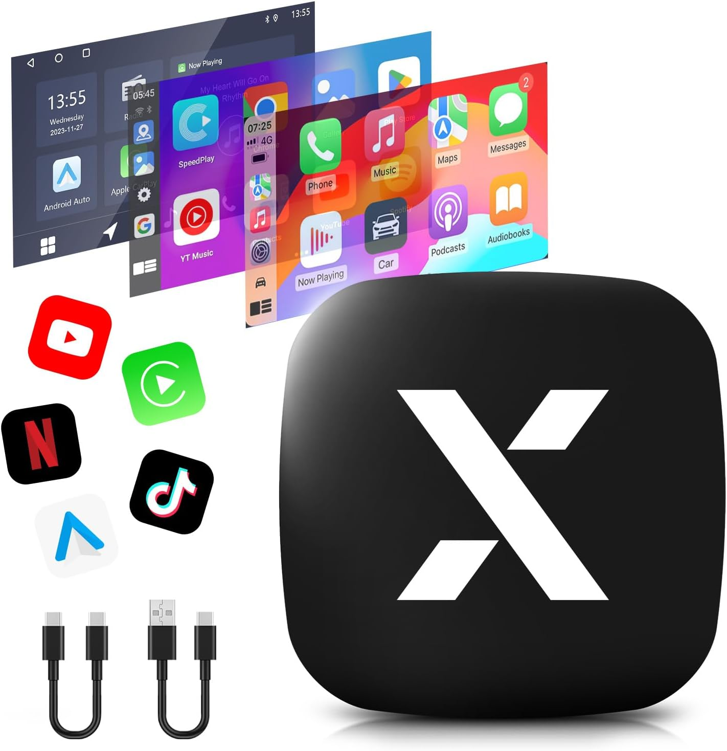 Wireless Carplay Android Auto Adapter Built-In Youtube/Netflix/Play Store/Tiktok/Disney+, Car Play Dongle Support TF Card USB Drive, Fit for Cars with Wired Carplay/Android Auto, FEXIER X Magic AI Box image number 3