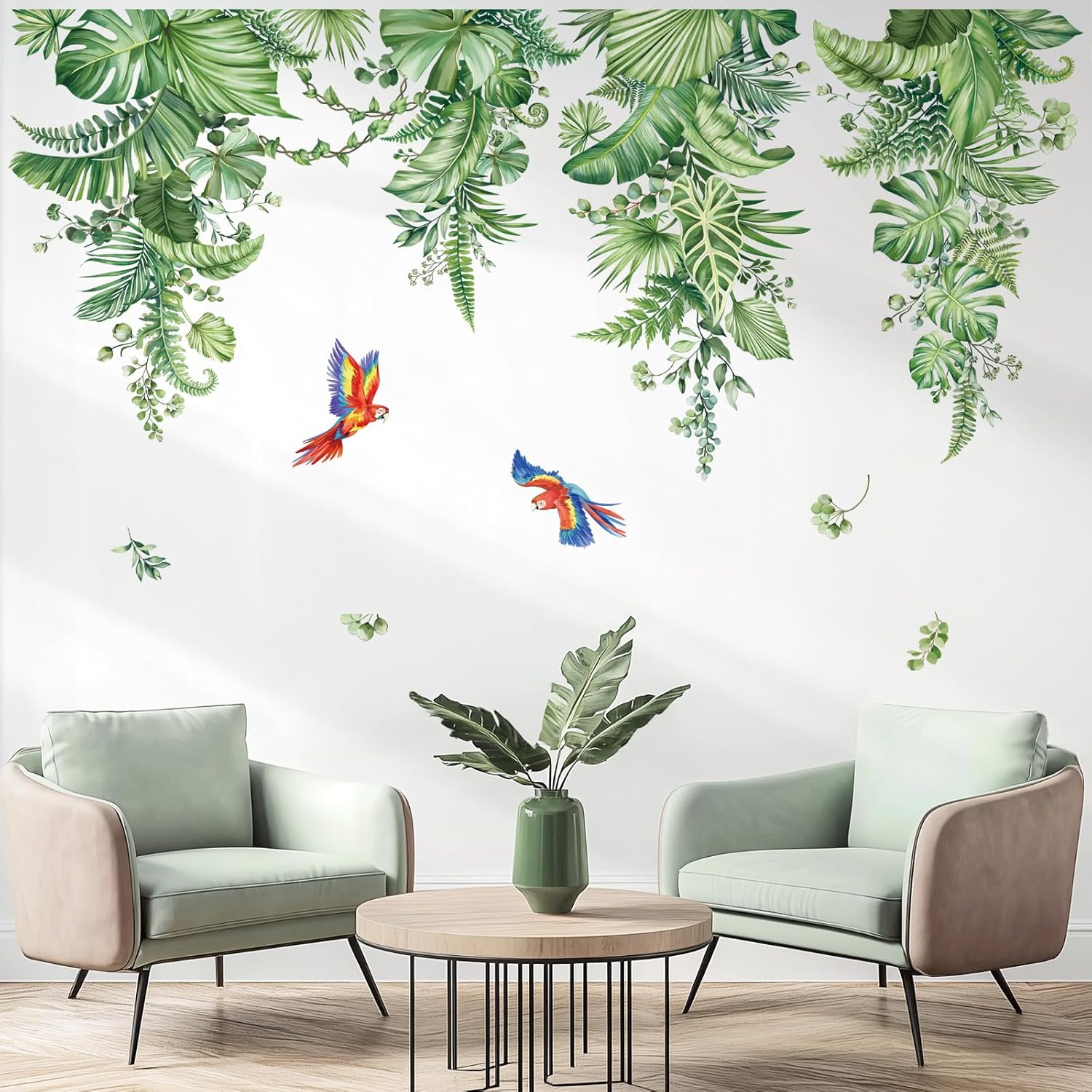 Decalmile Tropical Jungle Leaves Wall Decals Palm Leaf Hanging Vines Green Plants Wall Stickers Living Room Bedroom Tv Background Wall Decor image number 1
