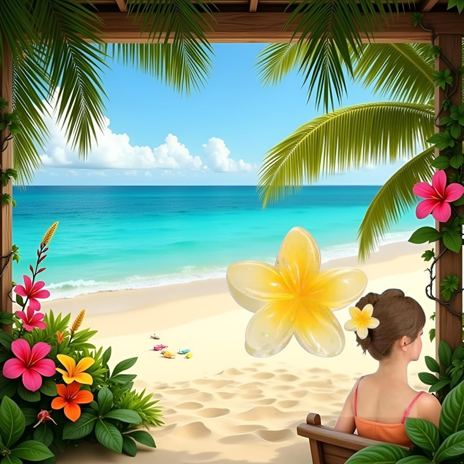 Yellow Flower Hair Claw Clips - Hawaiian Flower Hair Claw Clips for Women | Plumeria Claw Clips for Thin Hair | Strong Hold Jaw Clip | for Girls| Preppy Hair Clip image number 2