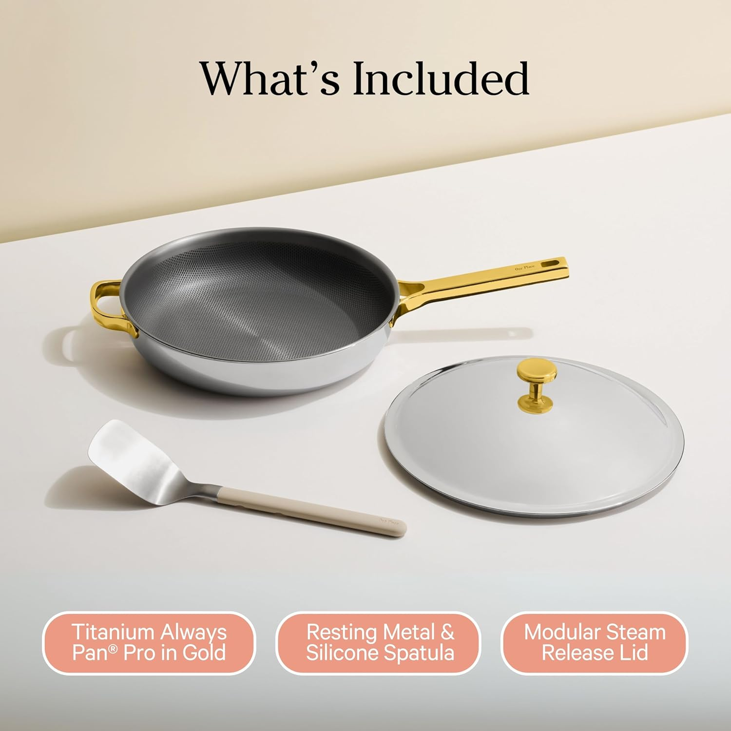 Our Place Titanium Always Pan Pro - 27Cm (2.65L) No-Coating Nonstick Skillet | Tri-Ply Titanium & Stainless Steel | Safe for Oven, Induction & All Cooktops up to 535&deg;C | Includes Spatula | Gold image number 5