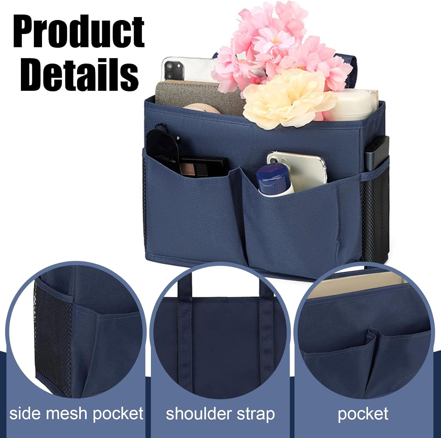 Bedside Table Organiser, Practical Bedside Caddy, Hanging Organiser, Storage Pocket Bag Suitable for Bunk Beds, Hospital Beds, College Dorms, Crib Rails, and Camping (Deep Blue) image number 6