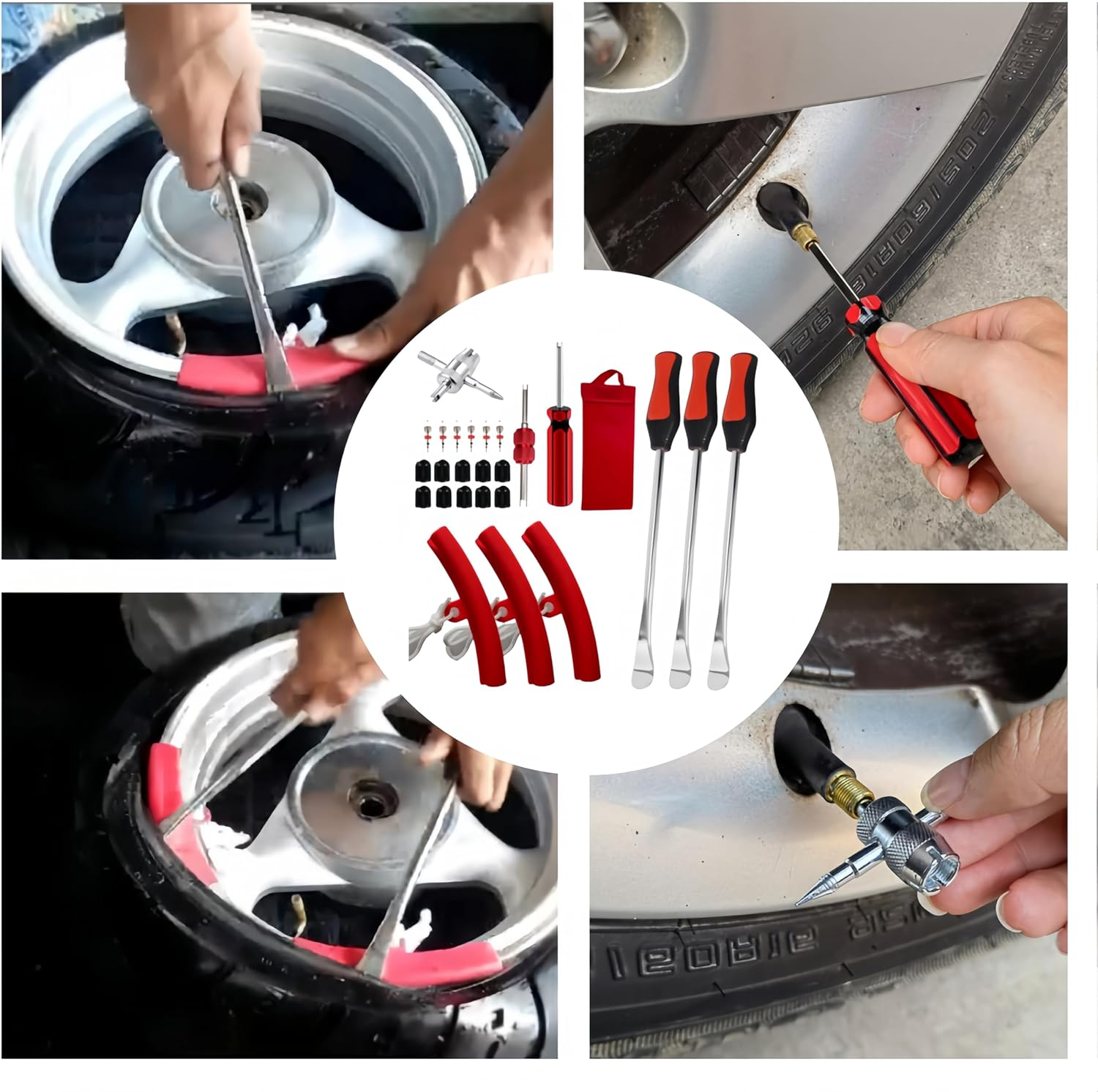 Ai-Oumleef Tire Spoon Lever, Tyre Mounting,Steel Tire Spoons Tool Set for Bike and Motorcycle, 3 Tire Spoons, 3 Rim Protectors, Valve Tool, Motorcycle Bike Tire Lever, Valve Cores image number 3