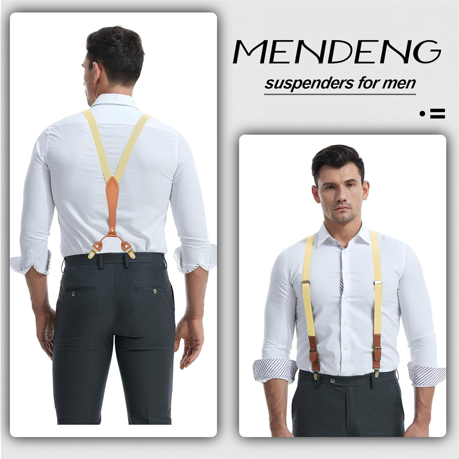 MENDENG Suspenders for Men Solid Color Adjustable Braces X Back Shoulder Straps - 4 Clips/Beige image number 2