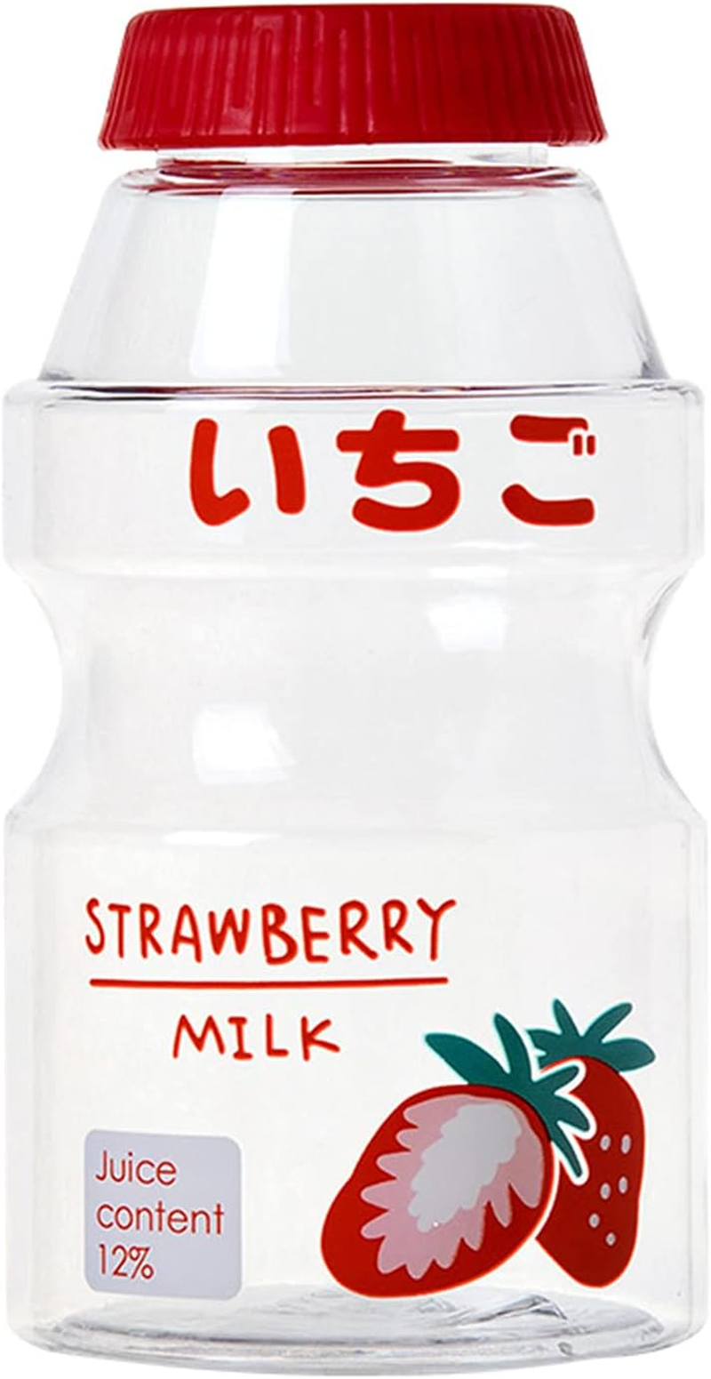 Yirepny Plastic Water Bottle Yakult Shape, Strawberry Lemon Avocado Peach Cartoon Pattern Suitable for Children Boys and Girls Can Be Filled with Milk Coffee Cold Drinks Red