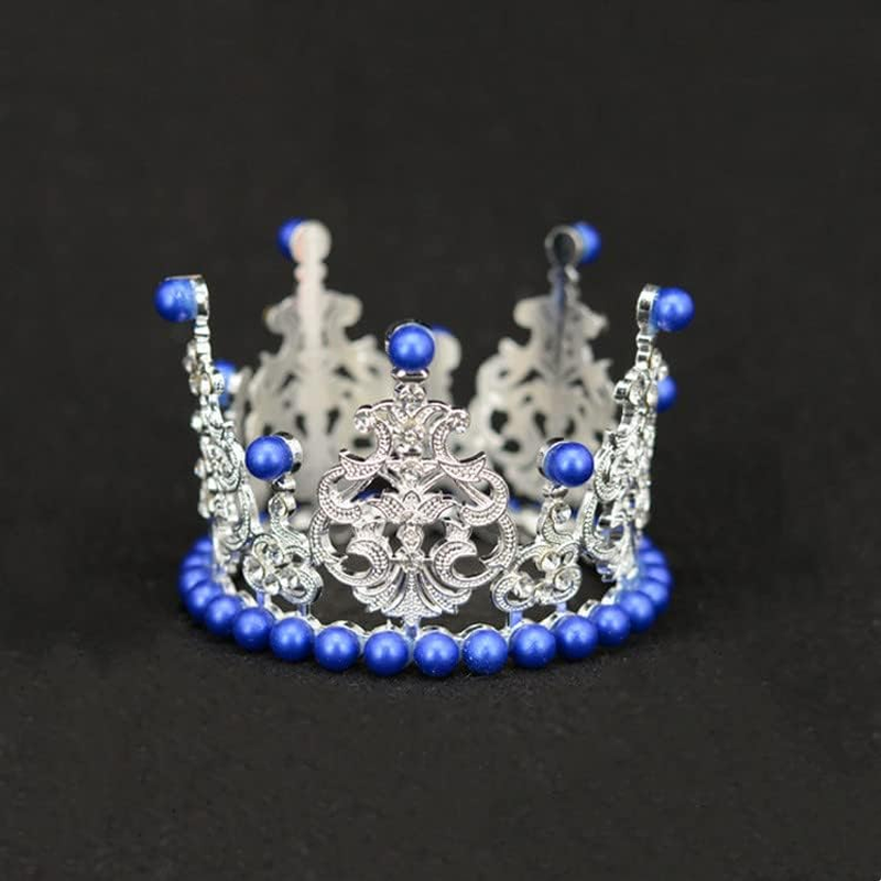 Women Girls Retro Man-Made Pearl Crown Bride Tiara Cake Topper Decoration for Party Wedding Birthday (Blue) - Blue image number 3