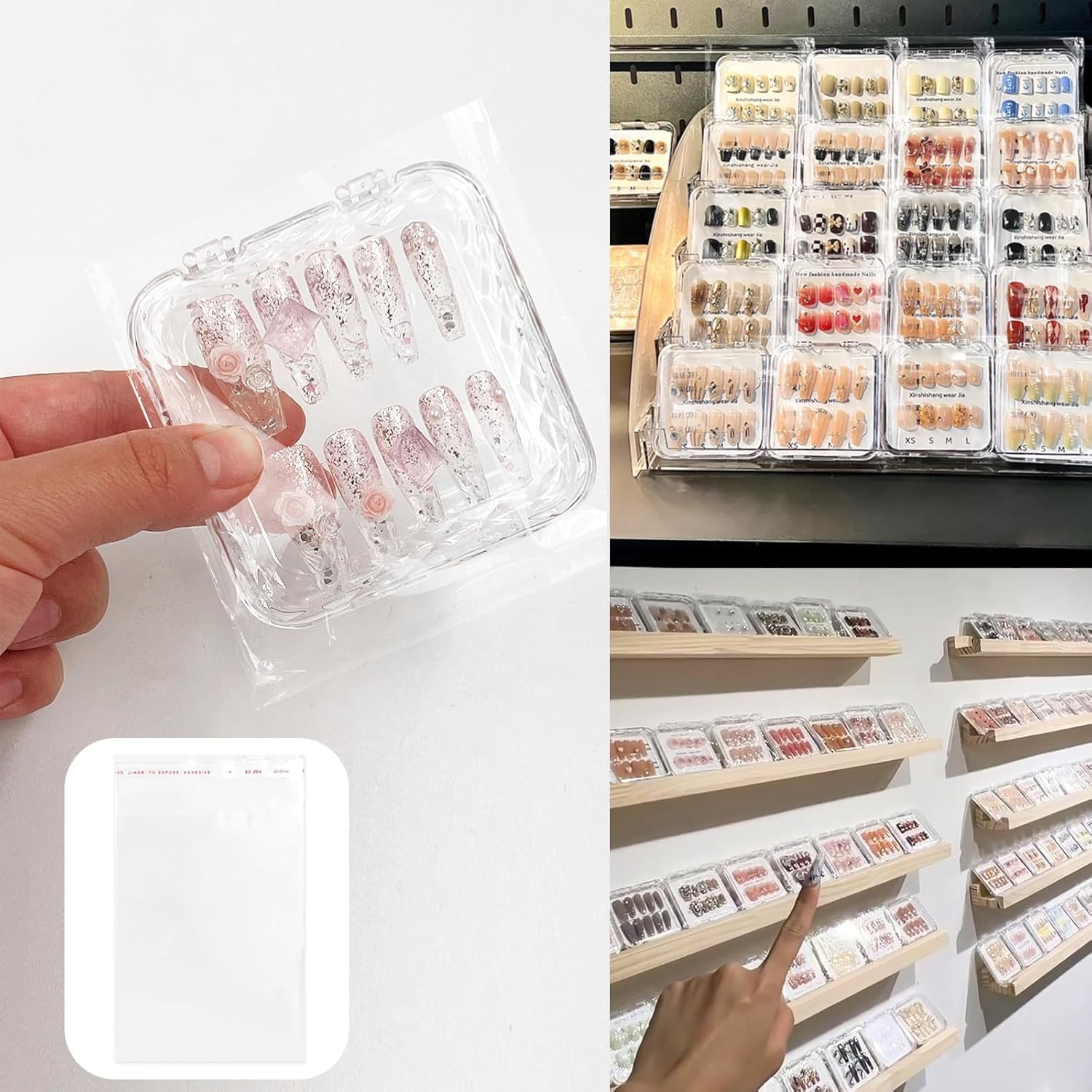 Daily Treasures 92Pcs Press on Nails Packaging Set,16Pcs Rhombic Nail Storage Box(7.5&times;7.5Cm)&60Pcs Upgraded Double Sided Tape &16Pcs Self-Adhesive Bags,Transparent False Nail Display for Nail Business