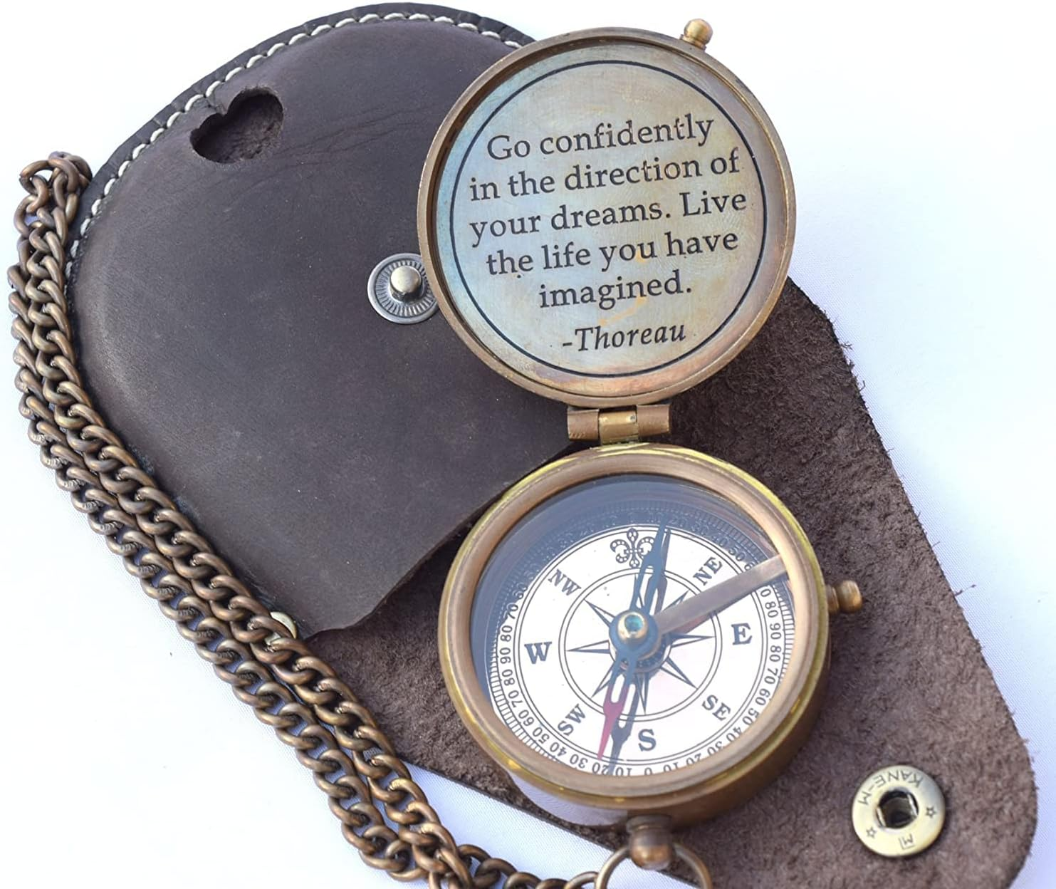 Thoreau'S Go Confidently Quote Engraved Compass with Stamped Leather Case, Camping Compass, Boating Compass, Gift Compass, Graduation Day Gifts image number 3