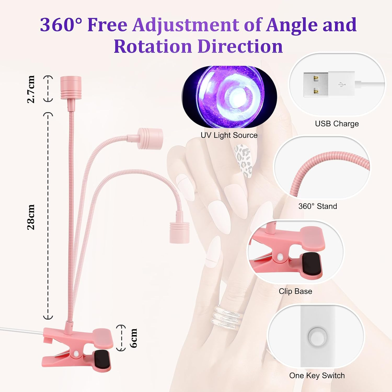 Aiqinu UV Lamp Nails, LED Lamp for Gel Nails, 3W Rotatable Nail Lamp with USB and Safety Clip, for Gel Nail Polish, Salon, DIY (Pink) image number 3