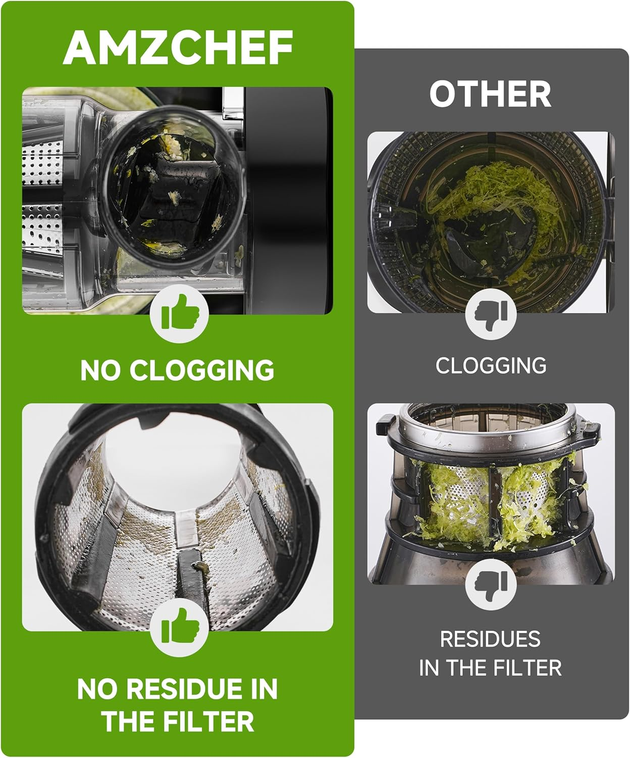 AMZCHEF Cold Press Juicer for Whole Fruits and Vegetables,Masticating Slow Juicer Machines with Reverse Function, High Juice Yield, Easy to Clean, BPA Free Juice Extractor with 2 Cups and Brush，Gray image number 6