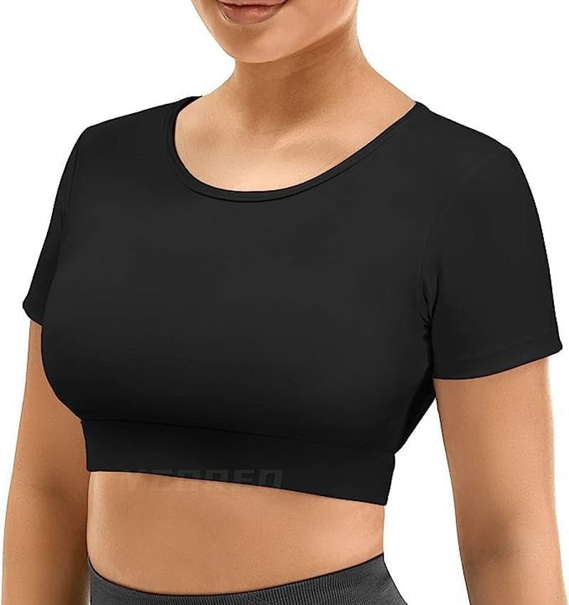 Women Open Back Tee Crop Tops with Removable Pad Workout Backless Gym Shirt Bra Going Out T Shirt Top image number 3