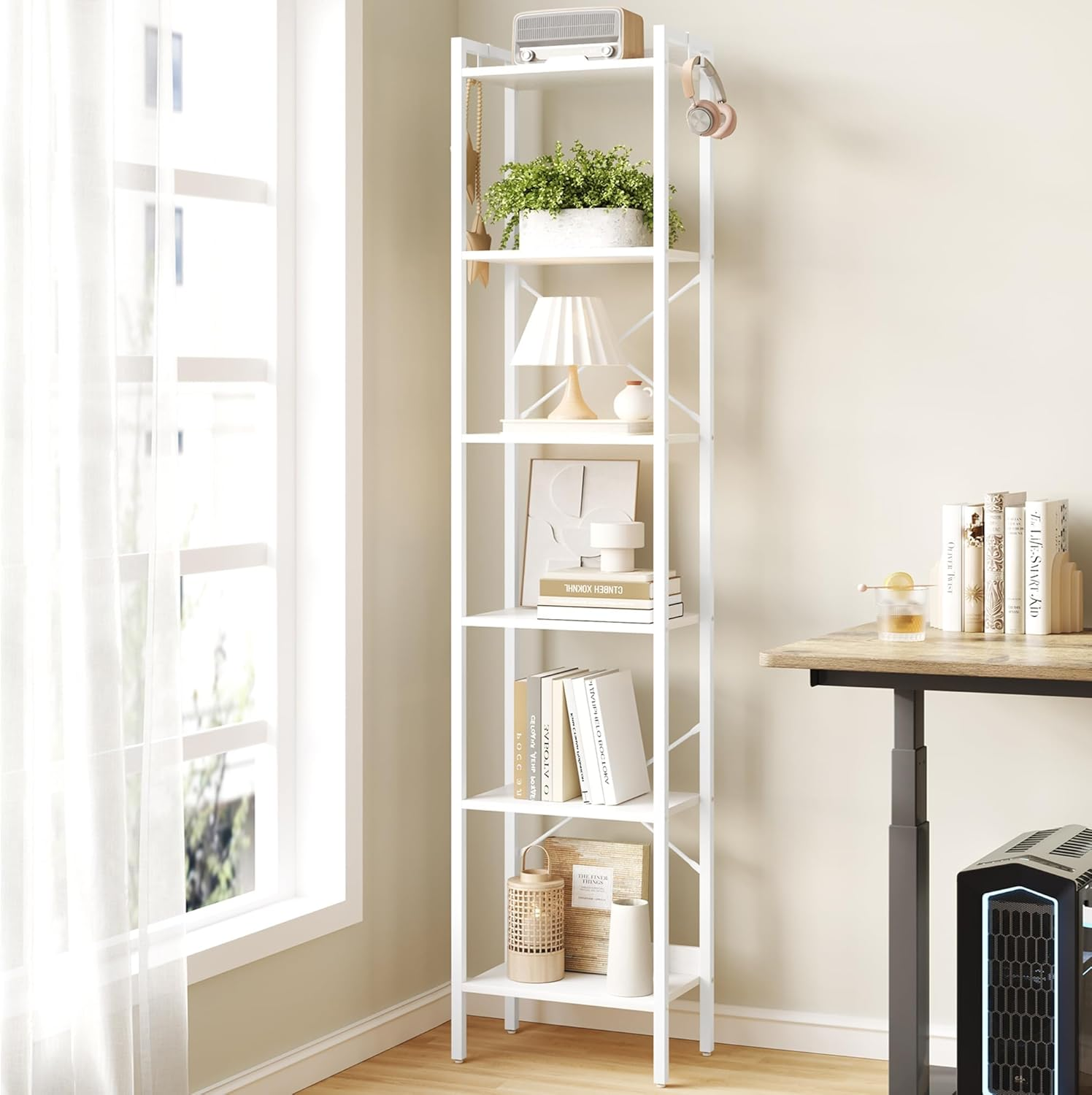 Hzuaneri Bookshelf, Book Shelf, Industrial Bookcase with 2 Hooks, Coner Shelf Storage Organizer for Home Office, Living Room, Bedroom, Kitchen, 6-Tier White BC10713W image number 7