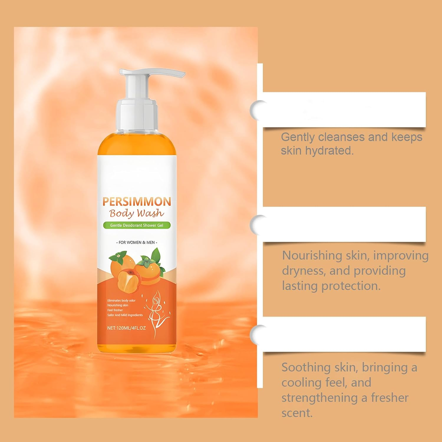 Persimmon Body Wash for Body Odor Controlling, Natural Persimmon Deodorant Shower Gel for Women & Men, Deeply Cleansing & Moisturizing, Nourishing & Brightening Skin, Fresher Scent (2Pcs) image number 3