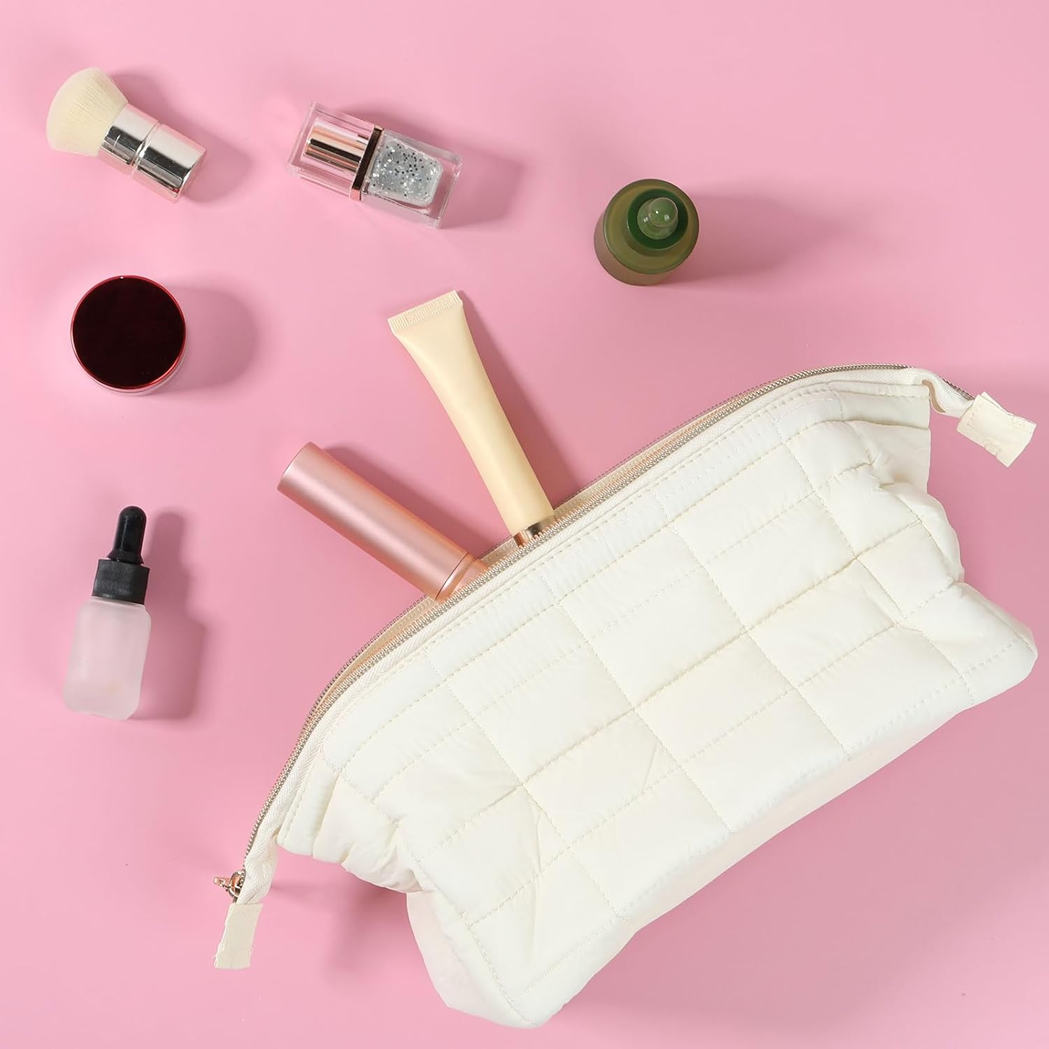 Makeup Bags, Large Capacity Travel Cosmetic Bag, Makeup Bags for Women, Lightweight Toiletry Travel Bag with 3 Inner Pockets, Travel Cosmetic Bags for Women Girls (Beige) - Black image number 3