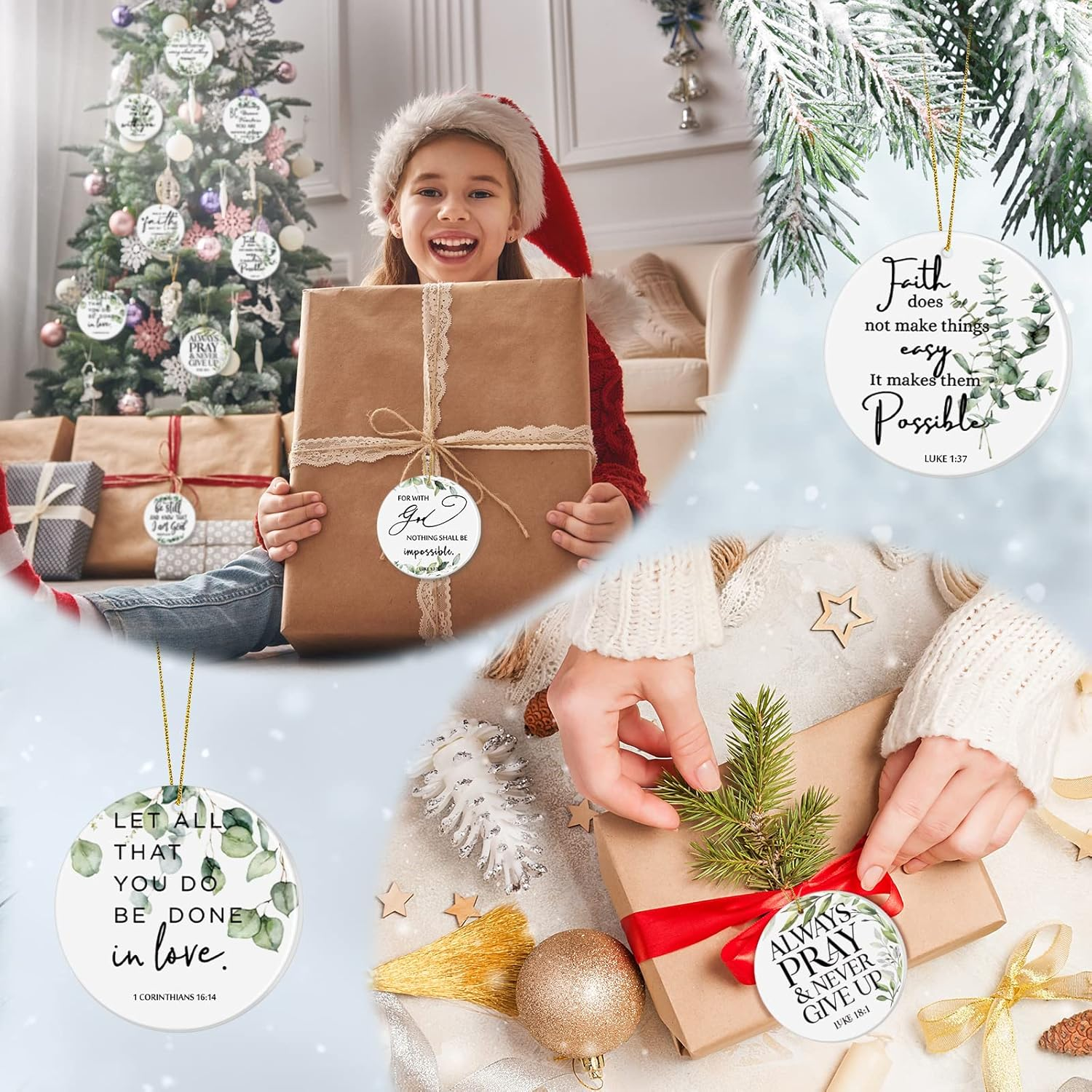 Fumete 18 Pcs Christmas Double Sided Printing Religious Ornaments Bulk Christian Ceramic Hanging Ornaments Bible Verse Inspirational Quote Botanical Plant Green Leaves round Flat Decor Church Gift image number 1