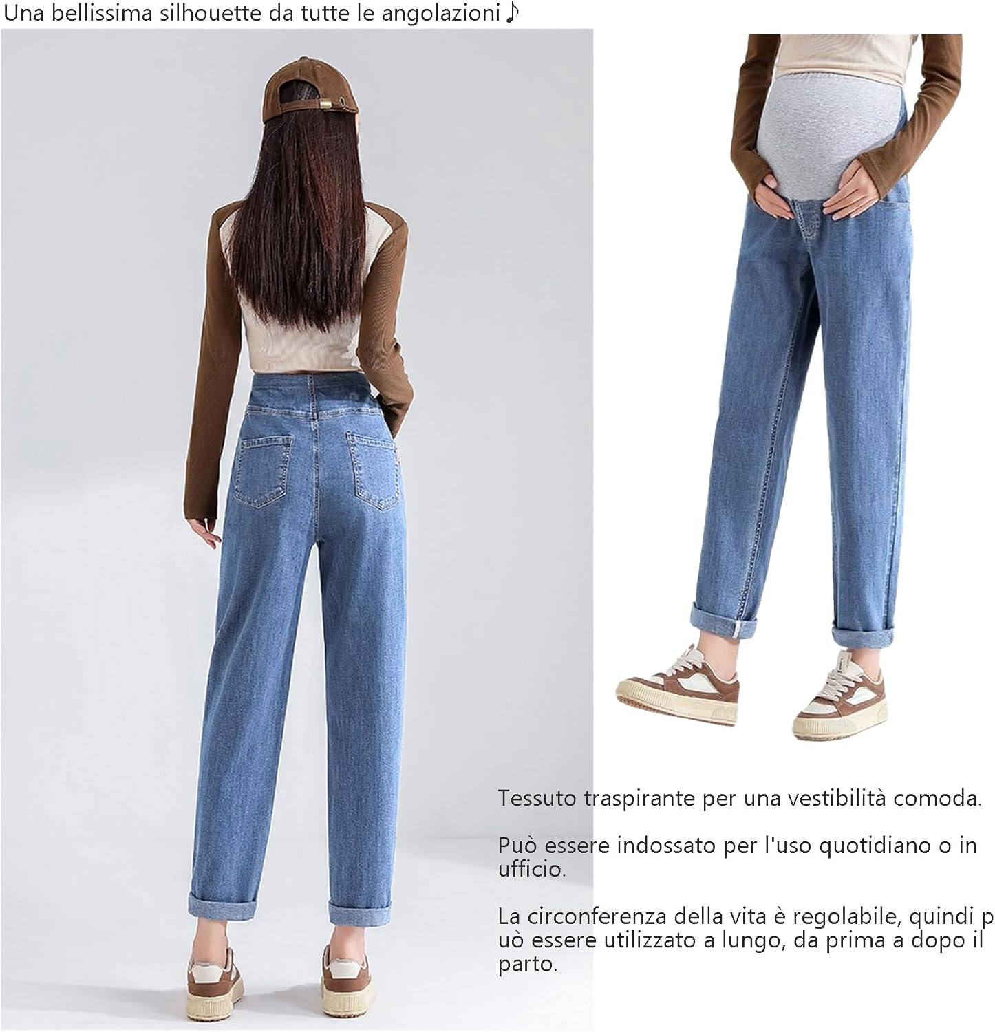 Dad Style Maternity Jeans with Adjustable Belt - Slimming Trousers, Short Size, Pockets and Comfort for Casual Look in Pregnancy