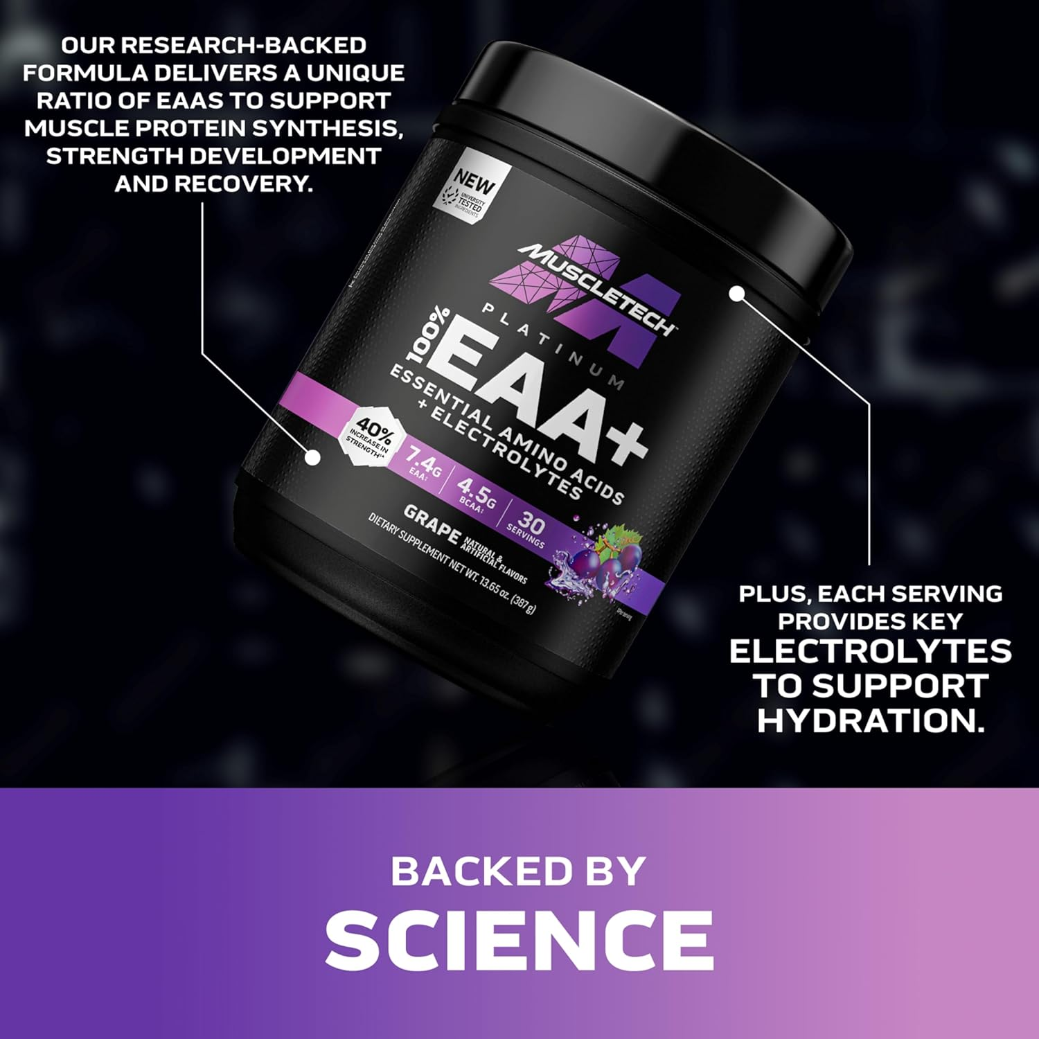 Muscletech | Platinum 100% EAA+ |Essential Amino Acids | Muscle Strength Builder for Men & Women | Workout Supplement | Grape | 13.6 Oz | 30 Servings image number 1