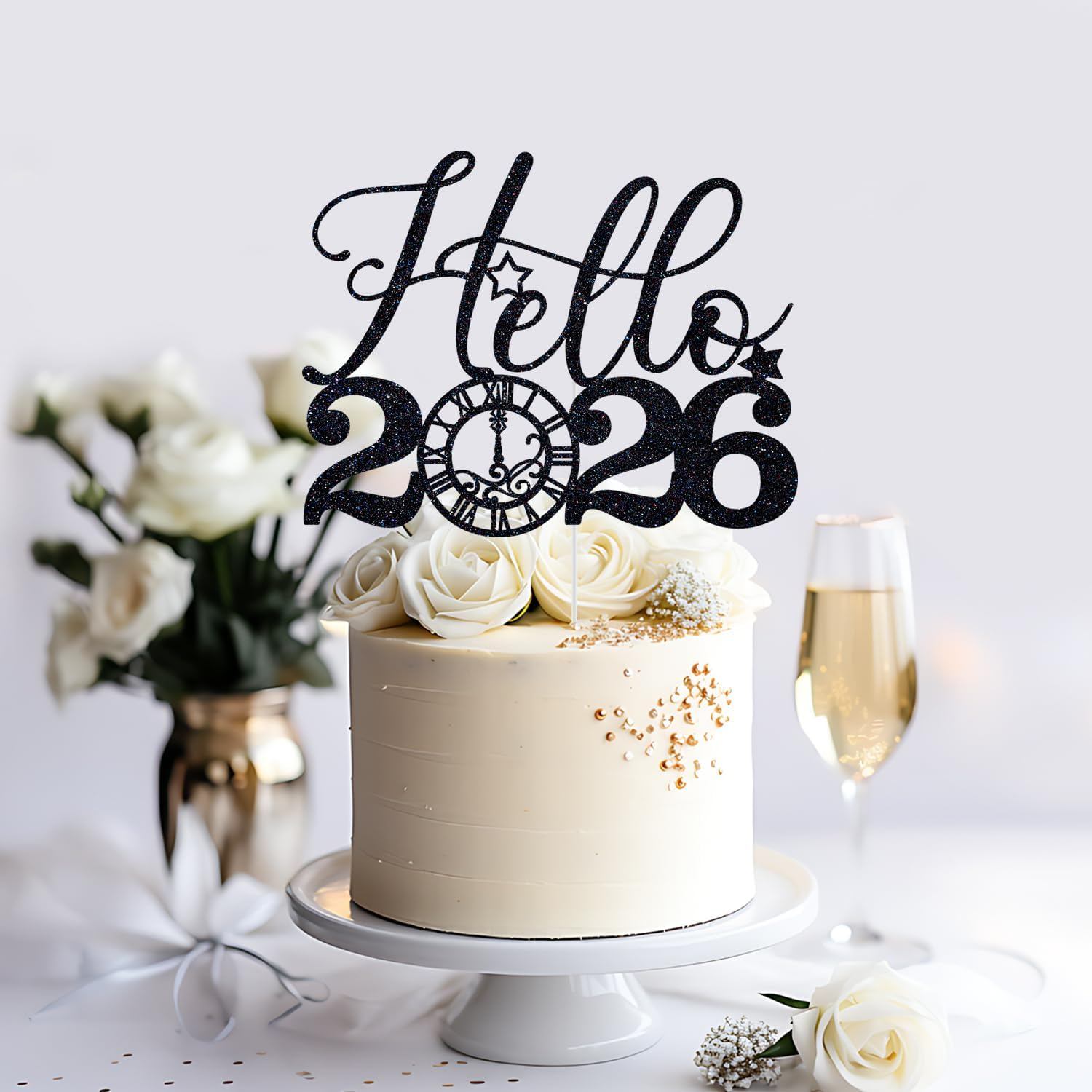 Hello 2025 Cake Topper, Happy New Year Cake Topper, Cheers to 2025, 2025 Happy New Years Eve Party Decorations Supplies (Black Glitter) image number 1