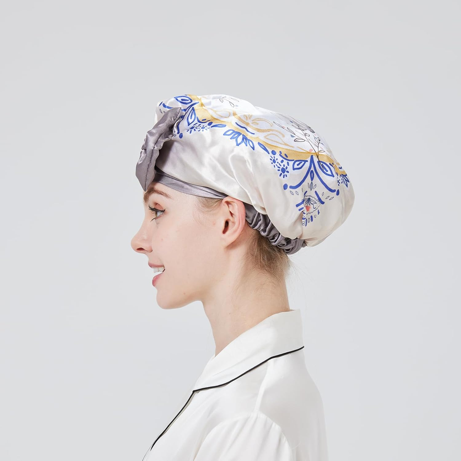 LONGDON HOMEONE EVA Plastic Large Shower Cap,Bowknot Shower Caps for Women Reusable Waterproof,Satin Bonnet,1 Pack. (Cat) - Bee image number 7