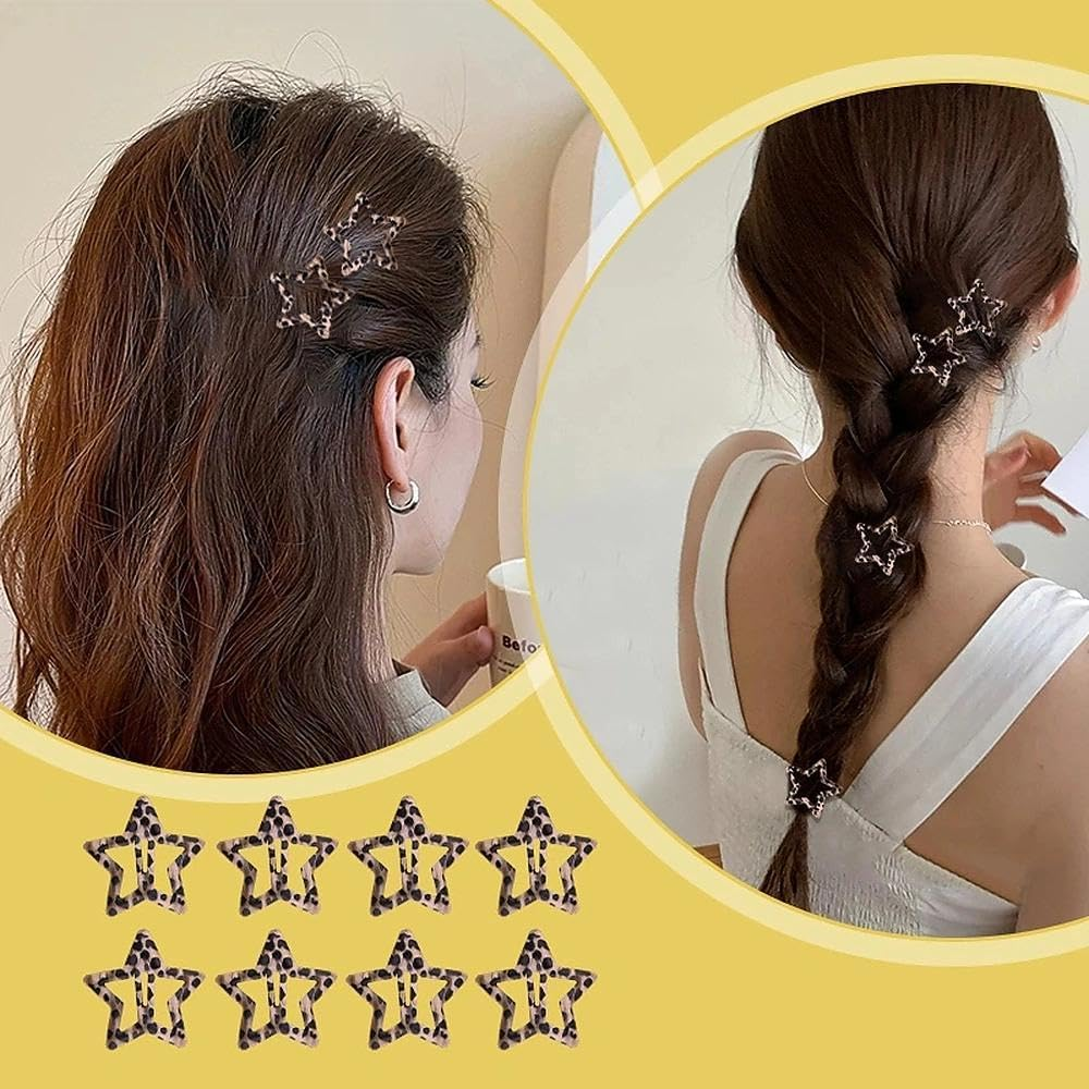 Leopard Print Star Snap Hair Clips for Teen Girls Women Non Slip Clips Barrettes Set of 8 Metal Brown Cheetah Leopard Hairpins Headpiece Aesthetic Edgy Star Hair Accessories image number 3
