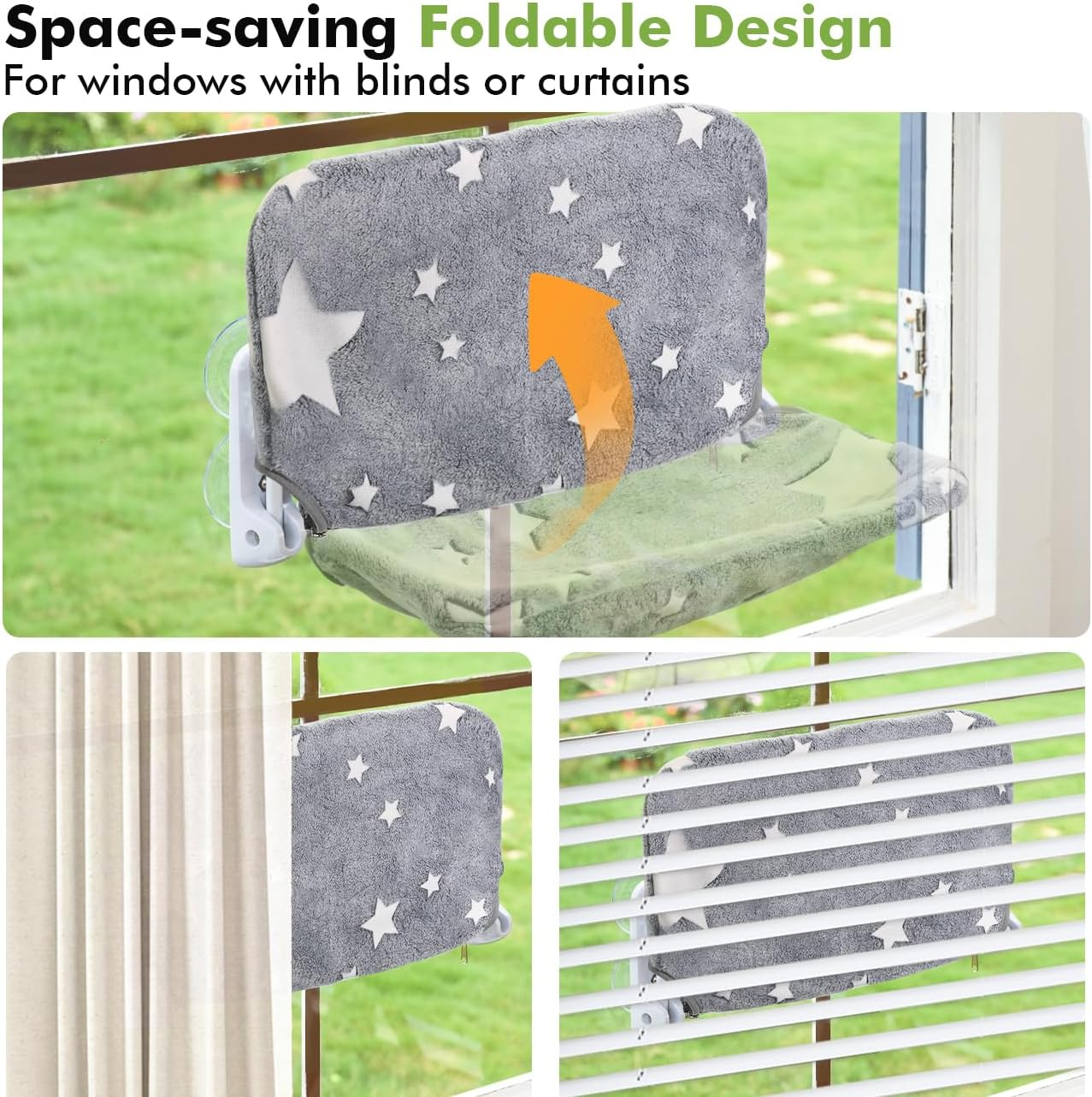 2PC Cat Window Perch, Glow in the Dark Cordless Foldable Pet Hammock Bed for Window with Sturdy Metal Frame, Glowing Stars Pattern Resting Seat for Indoor Cats (2PC Stars - M) image number 5