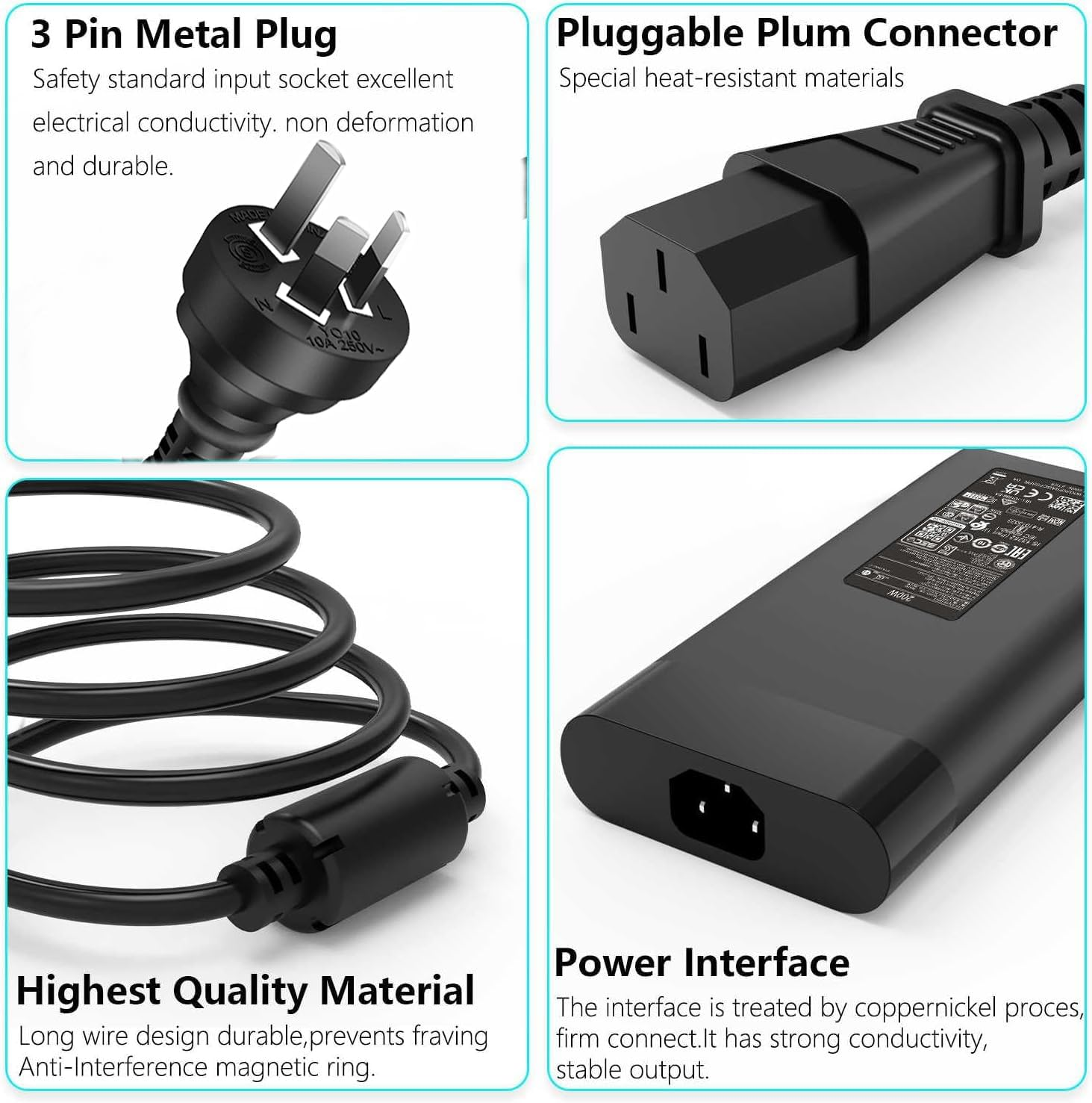 200W Laptop Charger AC Adapter 19.5V 10.3A for HP Pavilion Gaming 15 16 17, HP Dock G5 Omen 15 17, HP Zbook G3 G4 G5 G6 G7 G8 15 15T 17 17T,Tpn-Ca03 TPN-DA10 ADP-200HB B Notebook Power Supply Cord image number 4