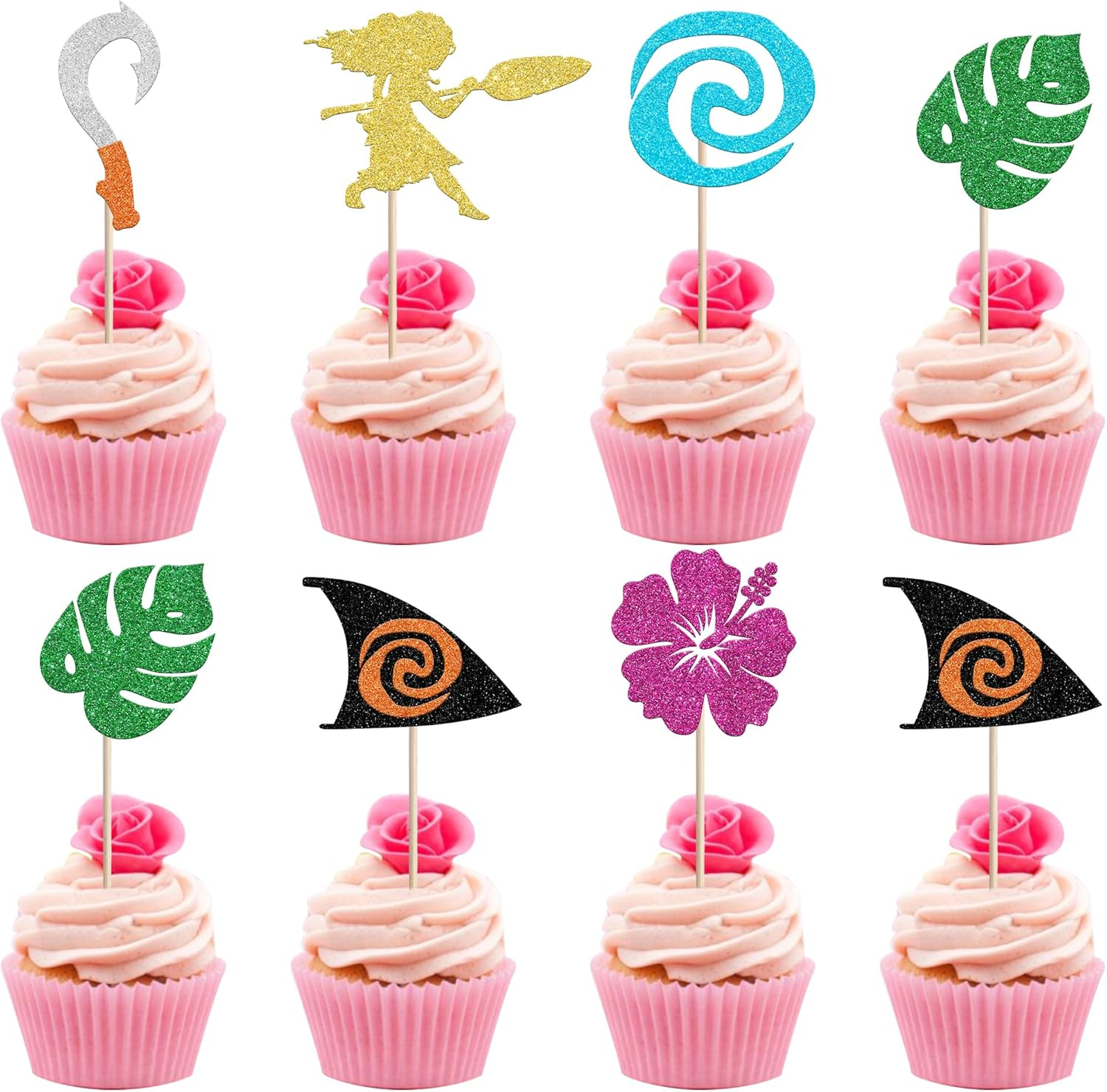 30 Pack Moana Cupcake Toppers Glitter Palm Monstera Leaf Flower Cupcake Picks for Tropical Hawaiian Luautheme Baby Shower Kids Birthday Party Cake Decorations Supplies (#1)