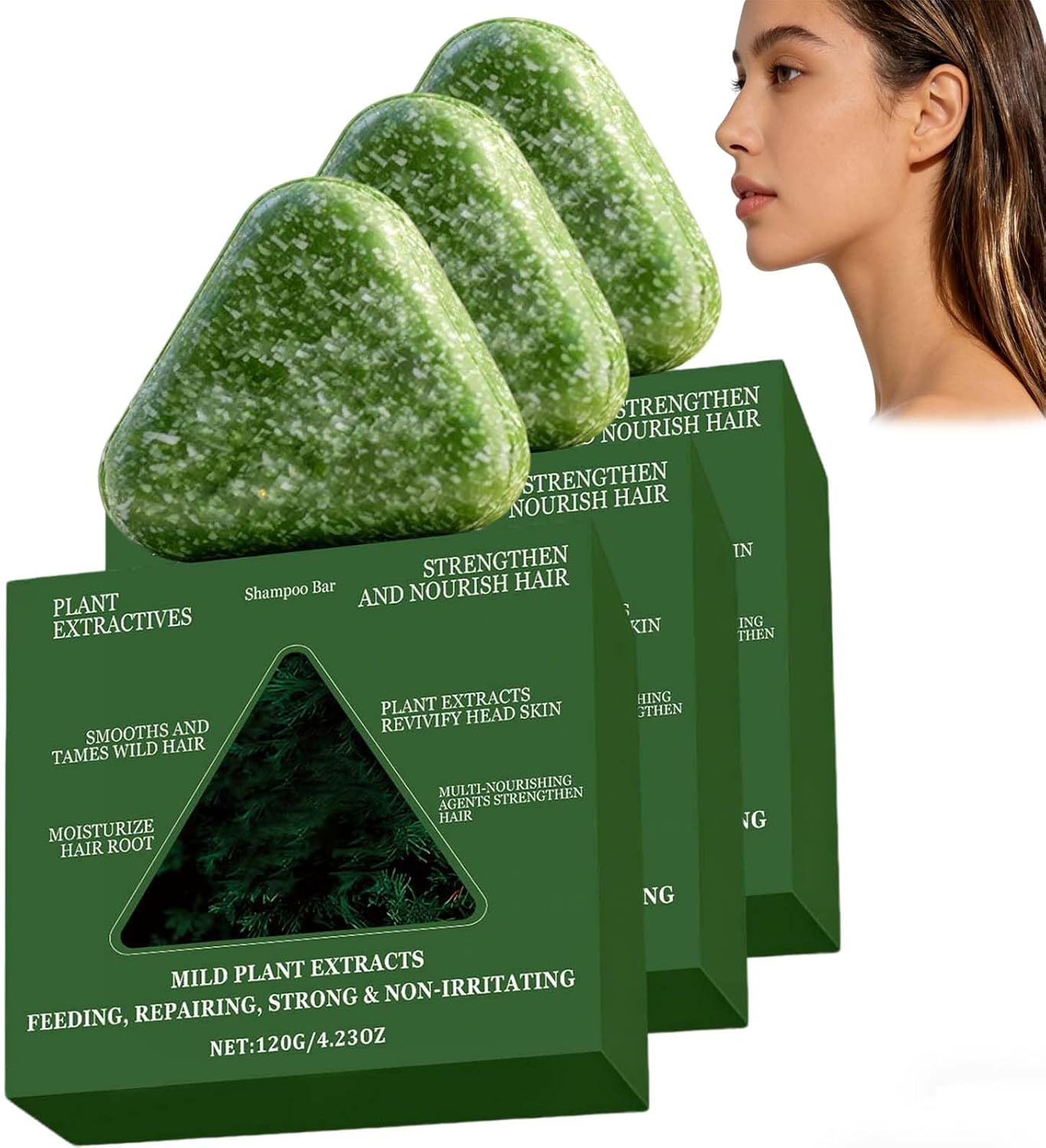 Natural Plant-Based Green Soap Shampoo Bar, Triangle Solid Cleansing Hair Soap, Travel-Friendly Nourishing Gentle Solid Shampoo, Botanical Infused Hair Care Bar Cleansing & Gentle Nourishment. (1PCS)