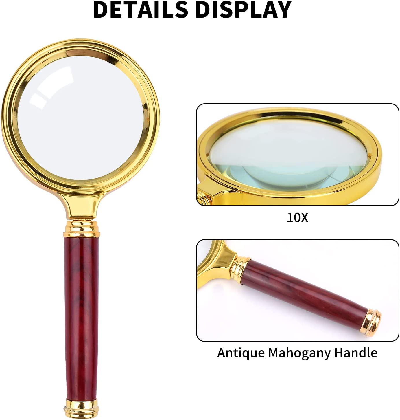 SAYEEC 10X Magnifying Glass, Handheld Reading Magnifier with Antique Mahogany Handle, 80Mm + 60Mm Magnify Glasses Lens, Magnifier Glass for Book Reading, Insect Observation, Classroom Science (2 Pcs) image number 4