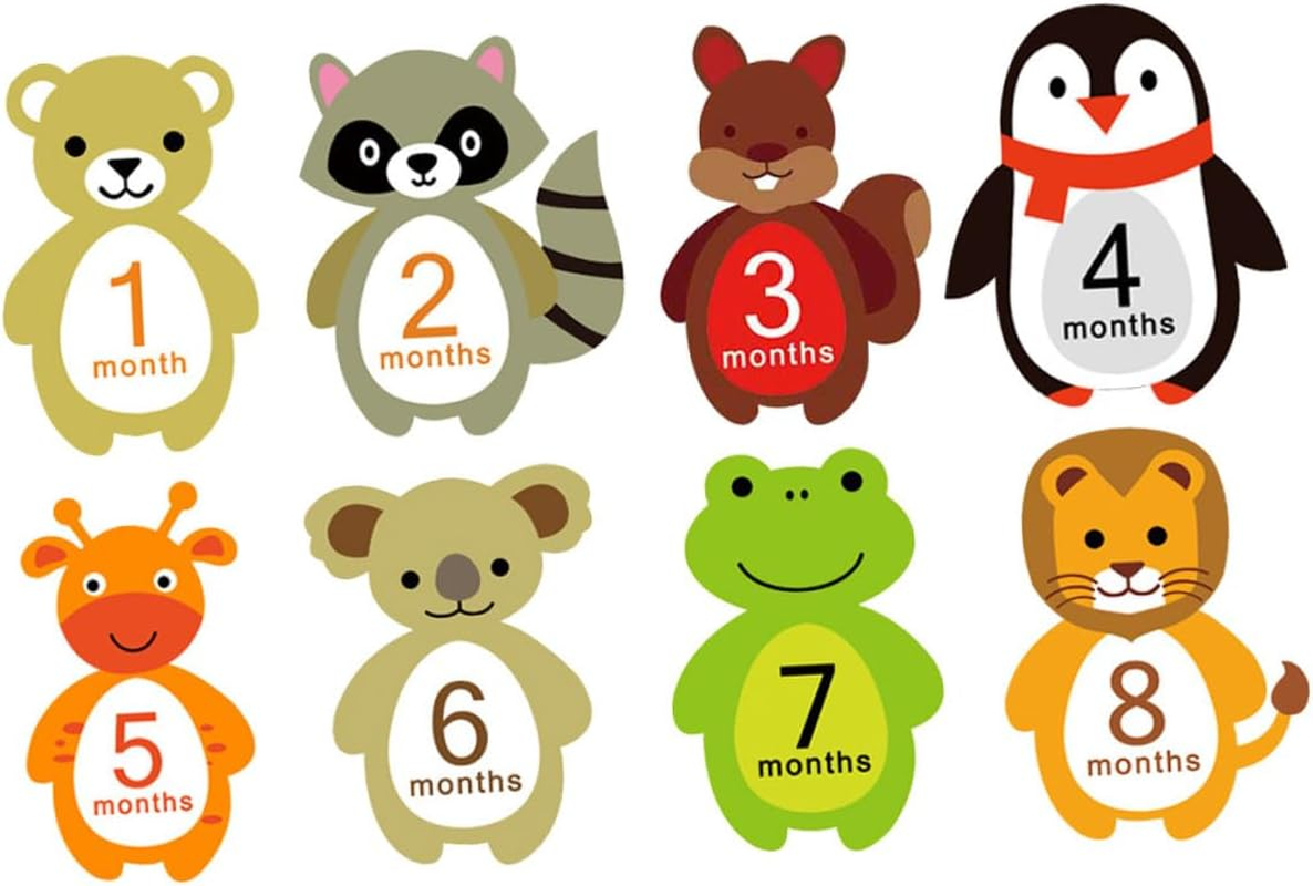SHOWERORO 12Pcs Monthly Stickers Self-Adhesive Milestone Decals Animal Cartoon Design for Newborn Photo Props image number 6