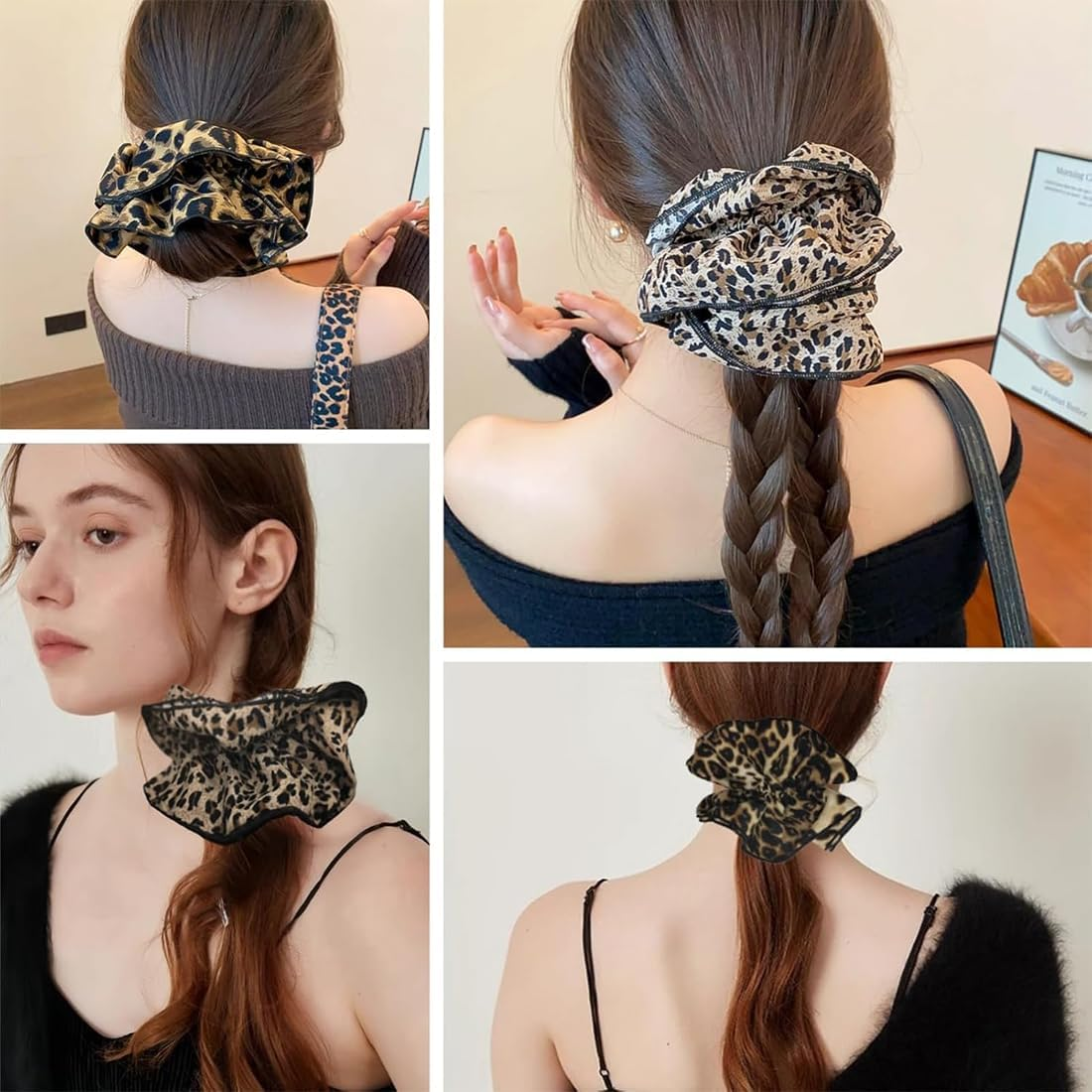 JYNVO Pack of 2 Hair Ties for Women, Leopard Print, Satin Elastic Thick Bands, Ponytail Holder, Women Hair Accessories, Hair Bobbles, Extra Large Scrunchie, Dark & Light Leopard Print image number 1