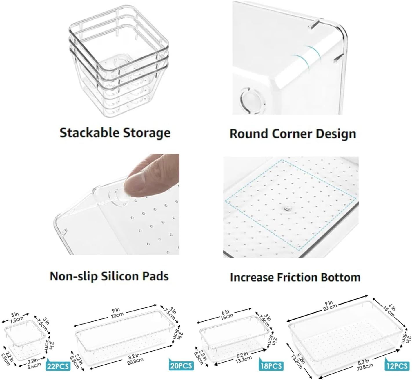 2025 Upgraded 72PCS Clear Plastic Drawer Organizers Set, 4-Size Versatile Bathroom and Vanity Organizer Trays, Non-Slip Storage Containers for Makeup, Jewelries, Bedroom, Kitchen Utensils and Office image number 3