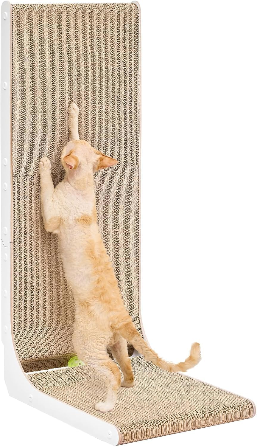 Indoor Cat Scratching Post, 32" L-Shaped Vertical Cat Scratching Post, Indoor Cat Scratching Board with Ball Toy, White image number 4