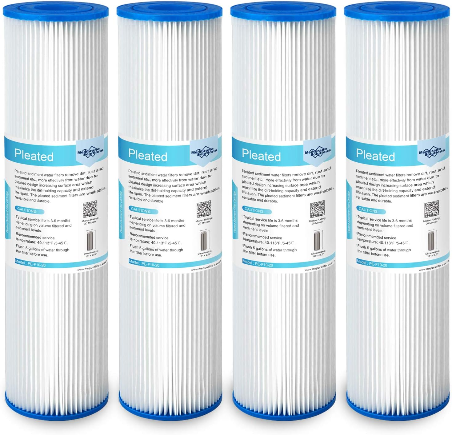 Membrane Solutions 20 Micron Pleated Polyester Sediment Water Filter 10"X2.5" Cartridge Universal Whole House Pre-Filter Compatiable with W50PE, WFPFC3002, SPC-25-1050, FM-50-975 - 4 Pack