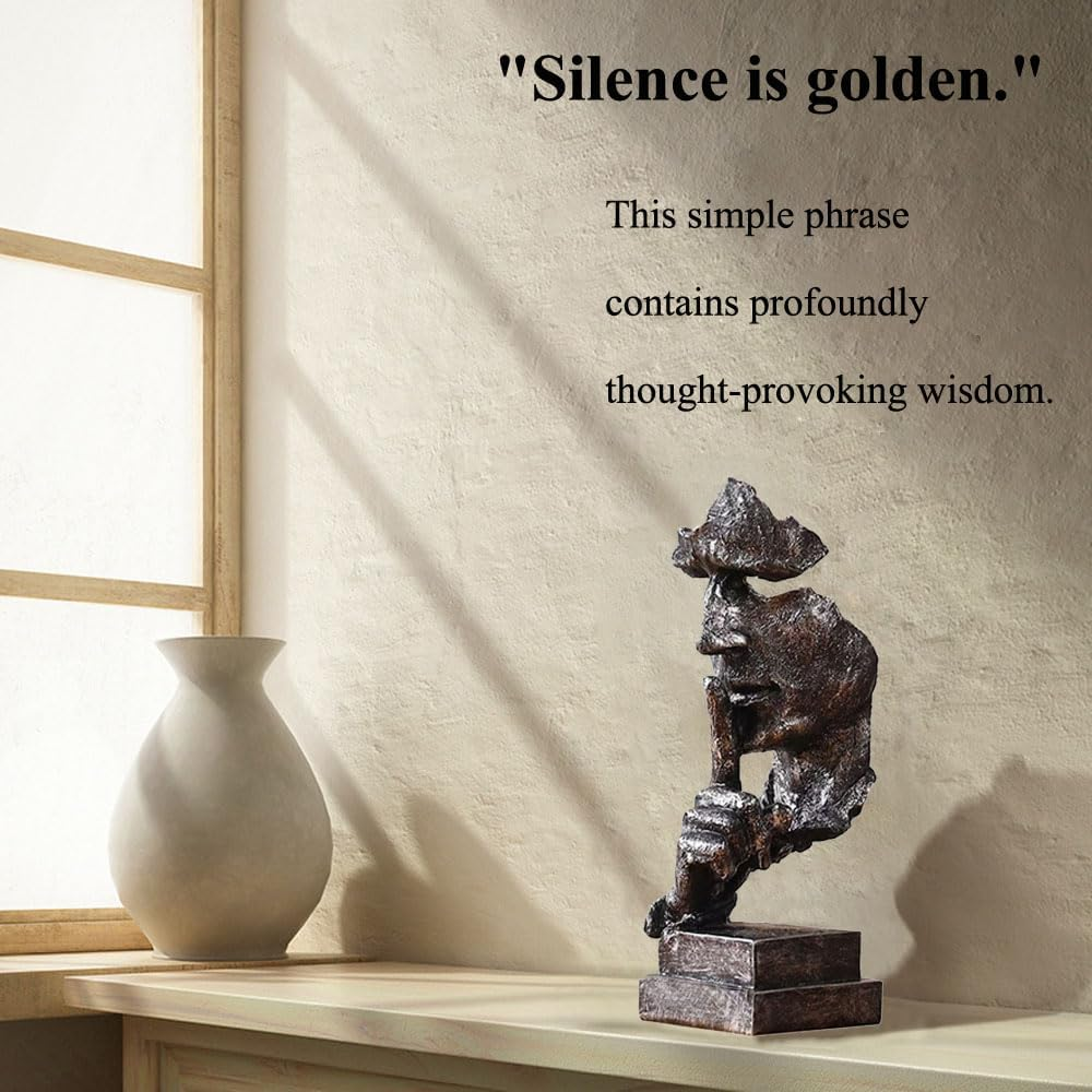 Silence Is Gold Thinker Statue - 13.5 Inches Modern Abstract Sculpture Art, Minimalist Desk Decor for Office & Home, Creative Study/Bedroom Modern Abstract Sculpture Art for Desk Decor - Ancient Silver image number 2