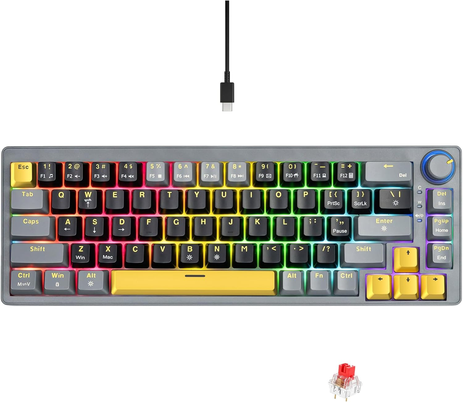 60% Mechanical Keyboard, 67 Keys Wired PC Gaming Keyboard with Volume/Backlit Knob, Hot Swappable RGB TKL Keyboard with Gasket Mount, N-Key Rollover, Compatible with Windows/Mac (Red Switch, Black)