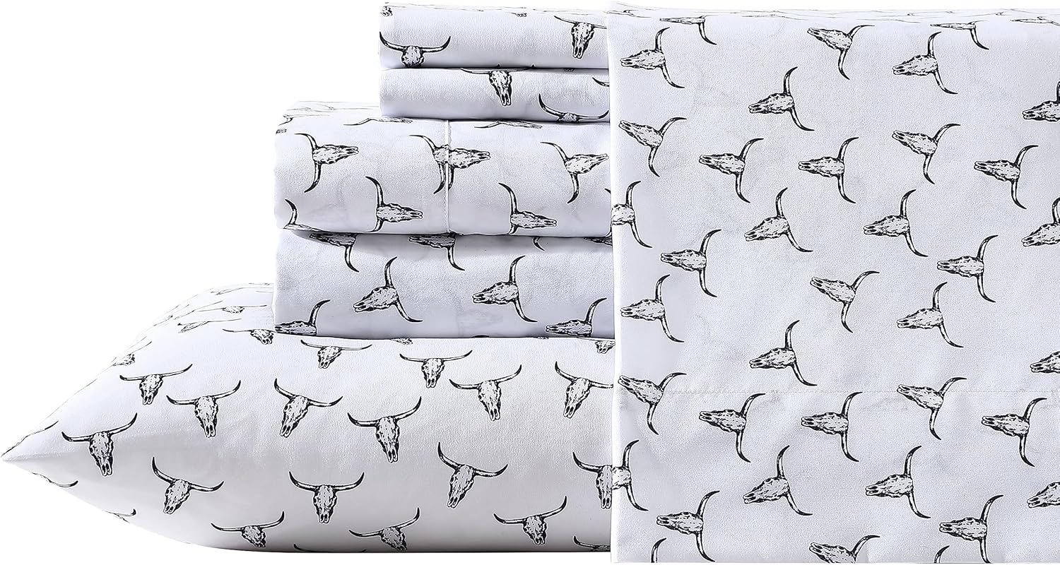 Wrangler- King Sheet Set, Silky & Lightweight Bedding Set, Casual Home D&eacute;cor (Steer Skulls Black, King) image number 5
