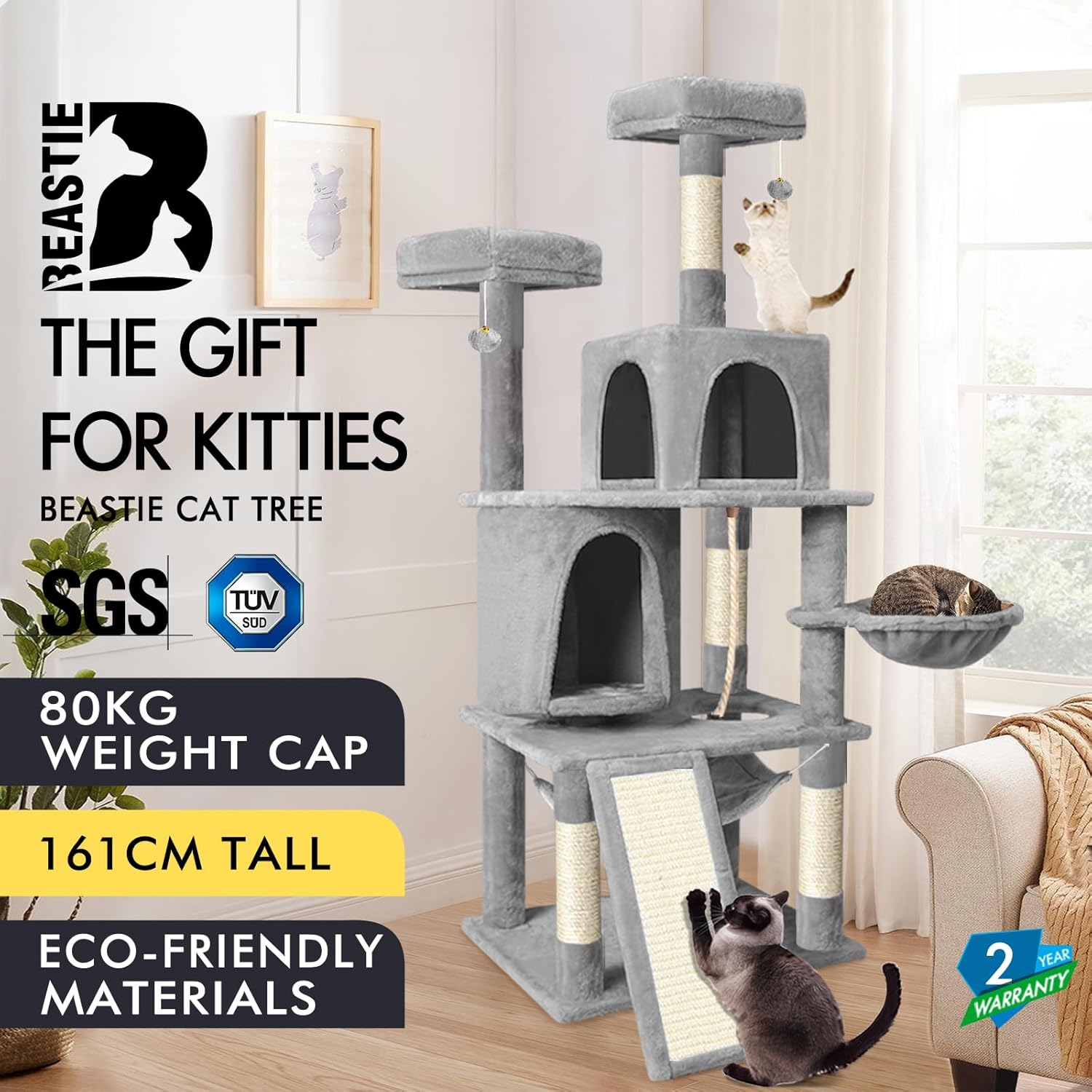 BEASTIE Cat Tree 161Cm Multi-Level Tower with Scratching Post Scratcher, Sisal-Covered Cat Tower with Plush Perch, Cat Condo Play House Wood Furniture for Kitten Climbing & Rest(Light Grey) image number 4