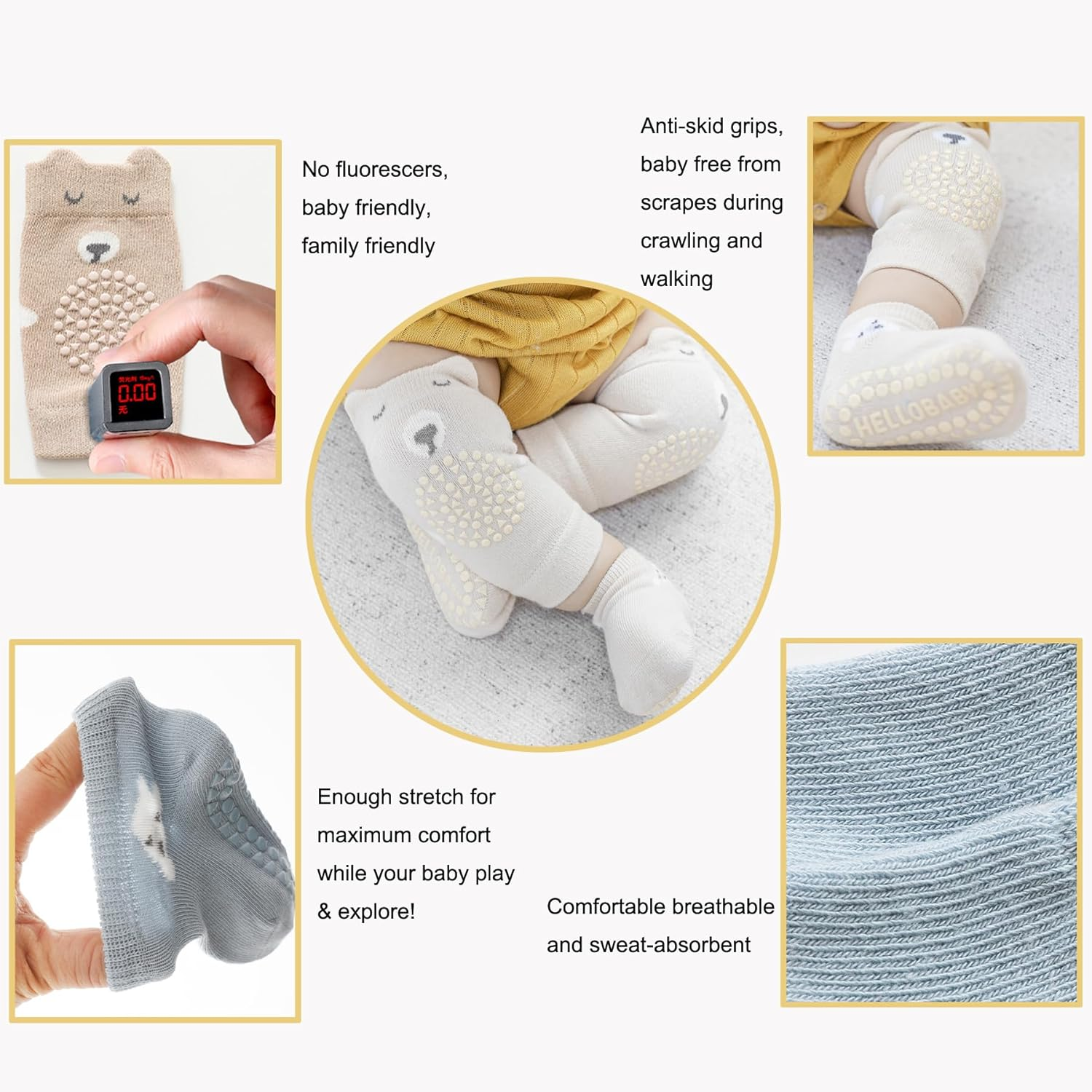 QXQTER Toddler Baby Knee Pads and Socks for Crawling for Infant Boys Girls with Grips Anti-Slip Knee Protector - 6 Pairs