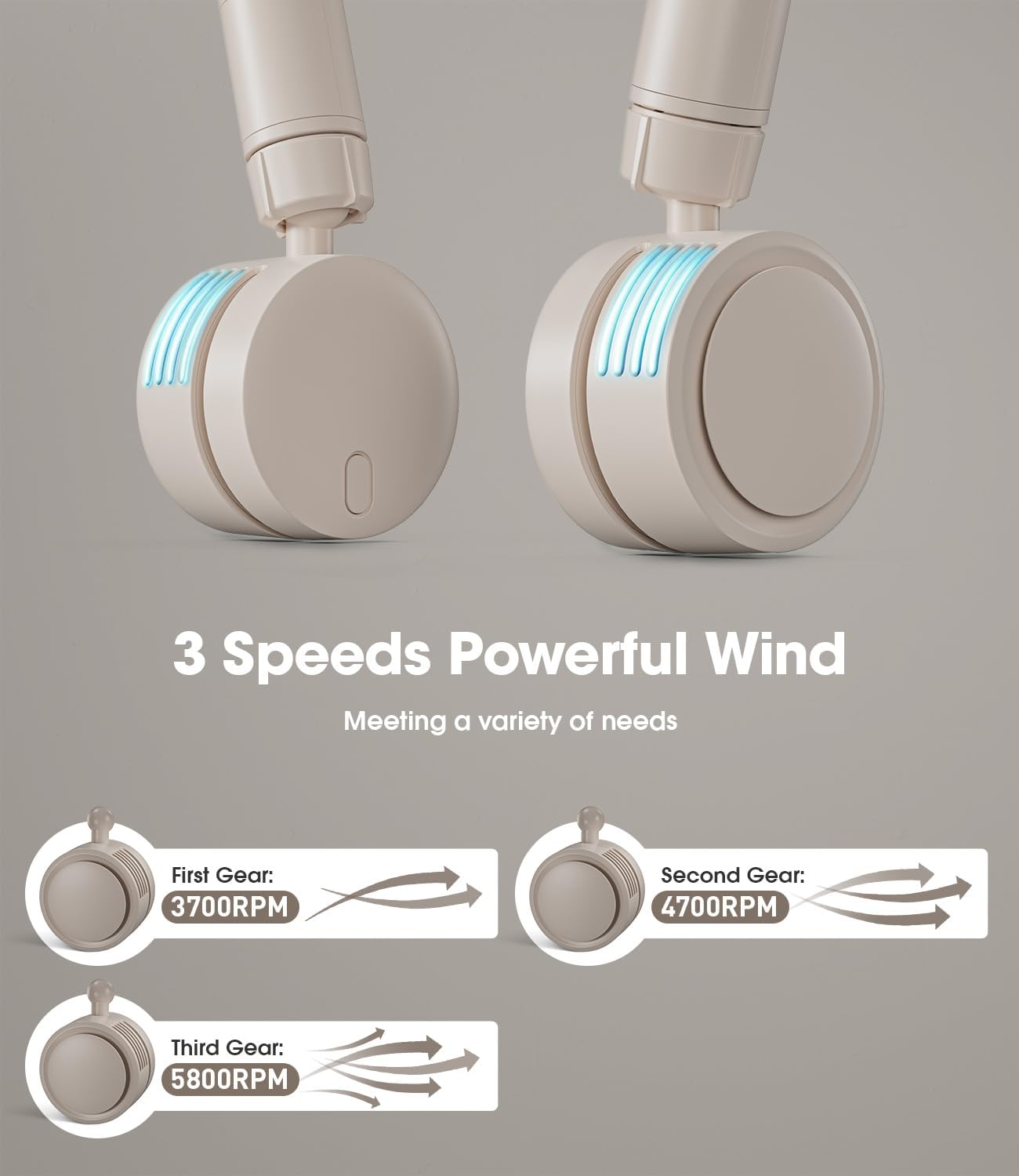 LEMOISTAR Portable Neck Fan, Hands Free Bladeless Fan, 360&deg; Cooling Personal Fan, Battery USB Rechargeable 3 Speed Adjustable Wearable Fan for Outdoor Indoor Office Travel Sports Women(Khaki) image number 4