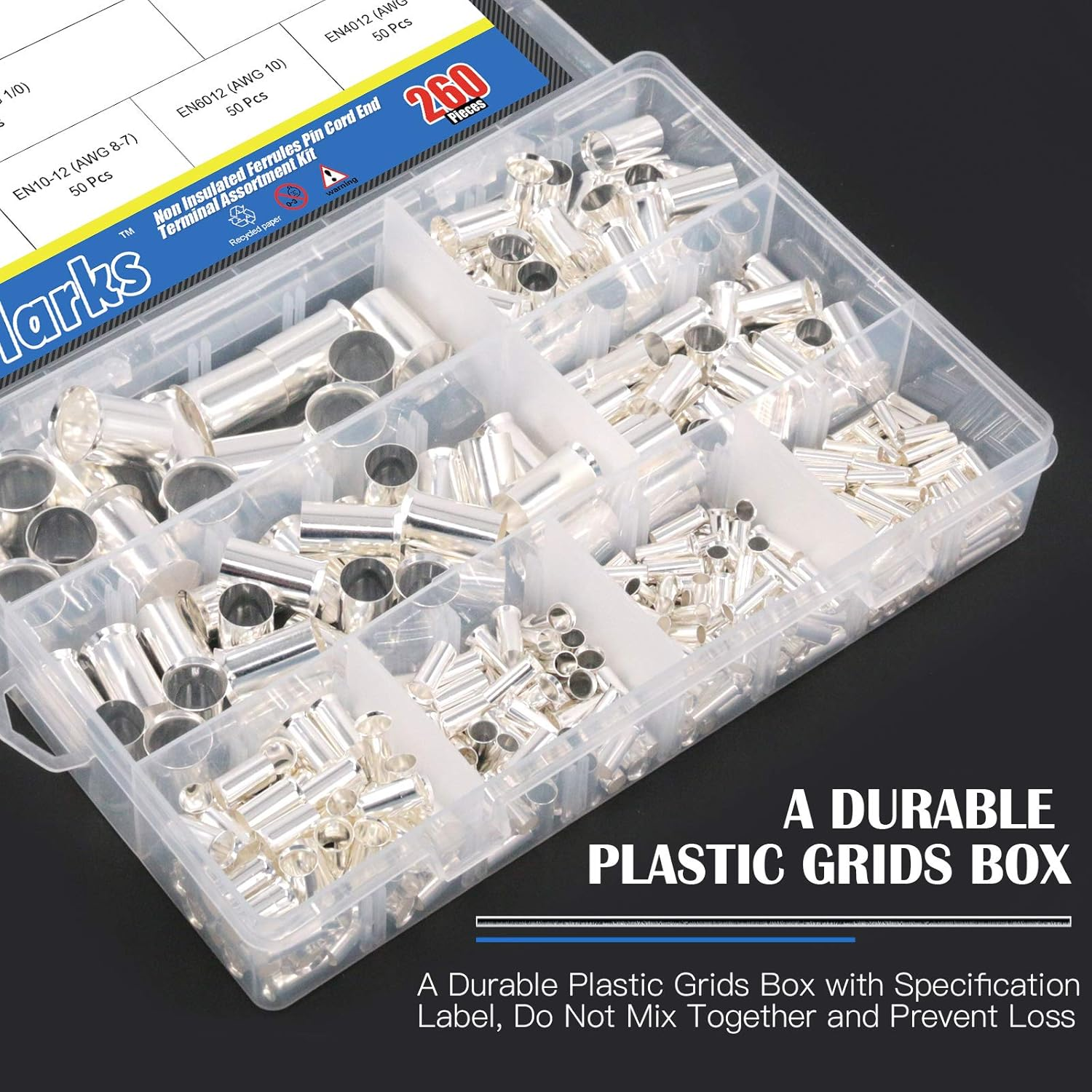 Glarks 260Pcs 8 Sizes AWG 12 10 8 6 4 2 1 2/0 Wire Ferrules Kit Silver Plated Copper Crimp Connector Non Insulated Ferrules Pin Cord End Terminals Assortment Kit image number 2