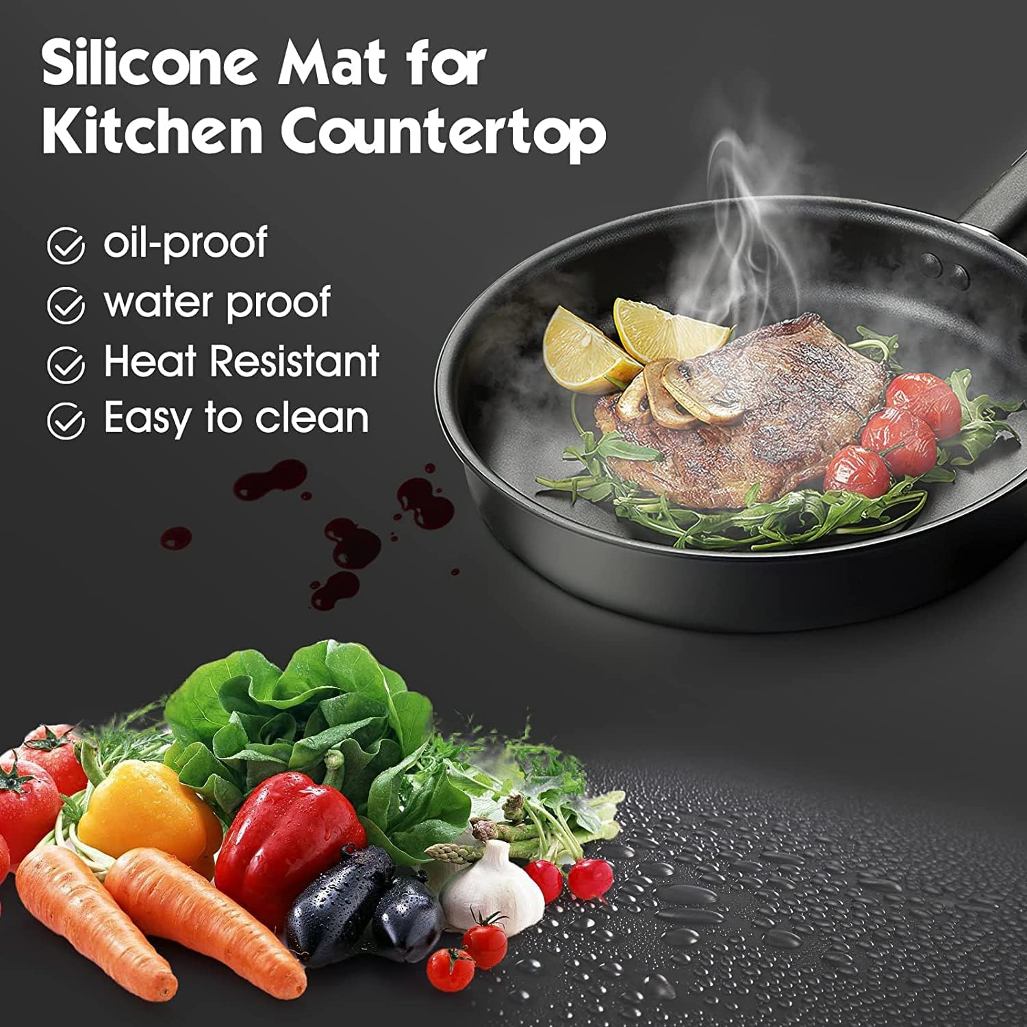 Silicone Mats for Kitchen Counter, 46.8''X23.2'' Large Heat Resistant Mat, Countertop Protector | Placemat | Craft Mat | Baking Mat - Heavy Duty, Waterproof, No Creases, No Odor (Grey) (Black)