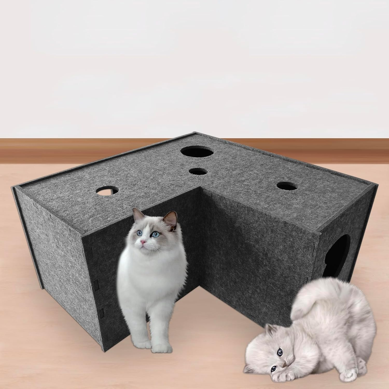 Cat Tunnel for Indoor Cats,Diy Transformable Cat Hideaway Cave,Kitten Play Tubes and Tunnels,Felt Peekaboo Cat Toy with Interactive Peek Holes (Grey, L-Shape Tunnel)