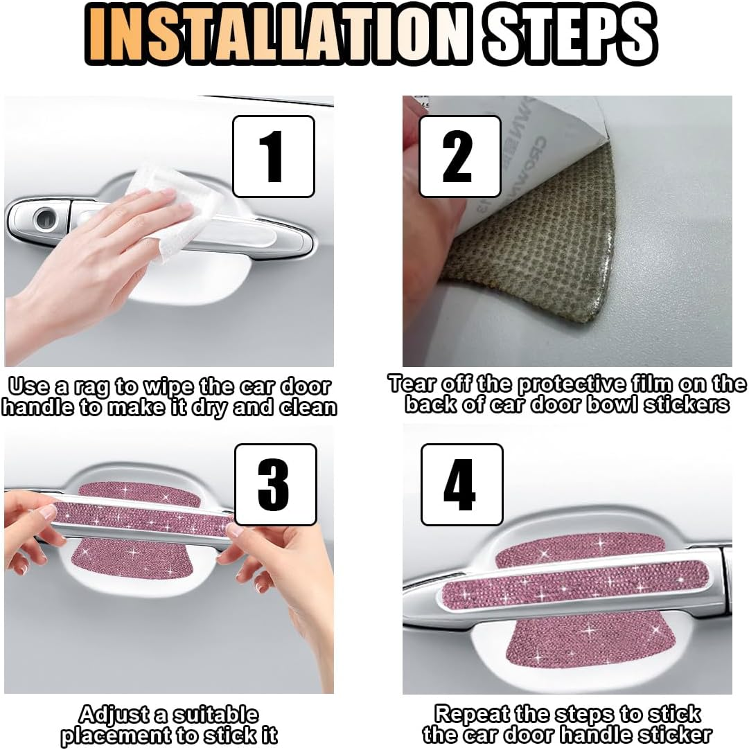 10PCS Bling Car Door Handle Anti-Scratch Sticker, Bling Car Door Handle Sticker, Universal Car Doors Handles Protective Cover, Shiny Rhinestone Auto Decor Accessories for Women (Pink)