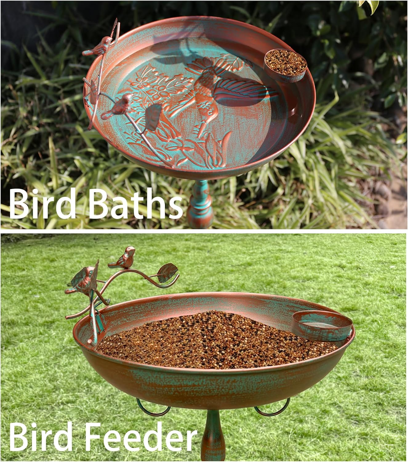 Bird Baths for Outdoors 13&rdquo;W Large Metal Bird Feeder Bowl with Hummingbird Pattern Birdbath and Feeder Freestanding Birdbaths for Garden,Yard Decor(28.7 Inch Tall) (Green-Hummingbird) image number 4